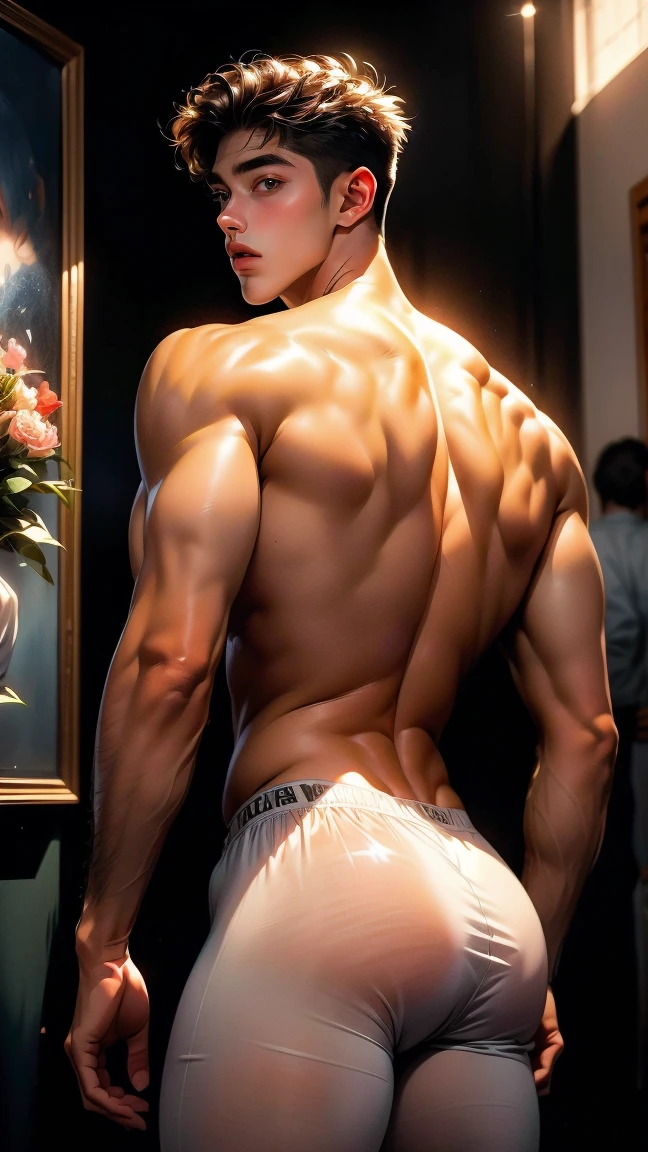 Oil painting, A handsome Fifteenth century page Young boy Brent Everett In a jacket, 17 years old, athletic build, ideal body, aesthetically beautiful, erotically tempting, seducing, offering himself With a beautiful sexy Jocky panties With round perfect buttocks, muscular, sweaty after a workout, diamond all over the body, Back view