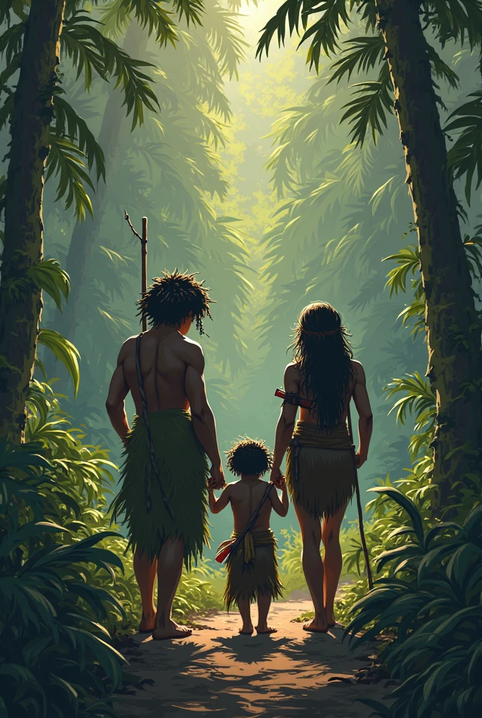 create an illustration of a prehistoric scenario, where people lived in caves, wore clothes made from animal skins and hunted to get food, this image must be cute pixar style for a children's story book, with people walking through a forest for thousands of years. they hear the wind blowing gently through the trees, birdsong and the sound of water running through a stream
