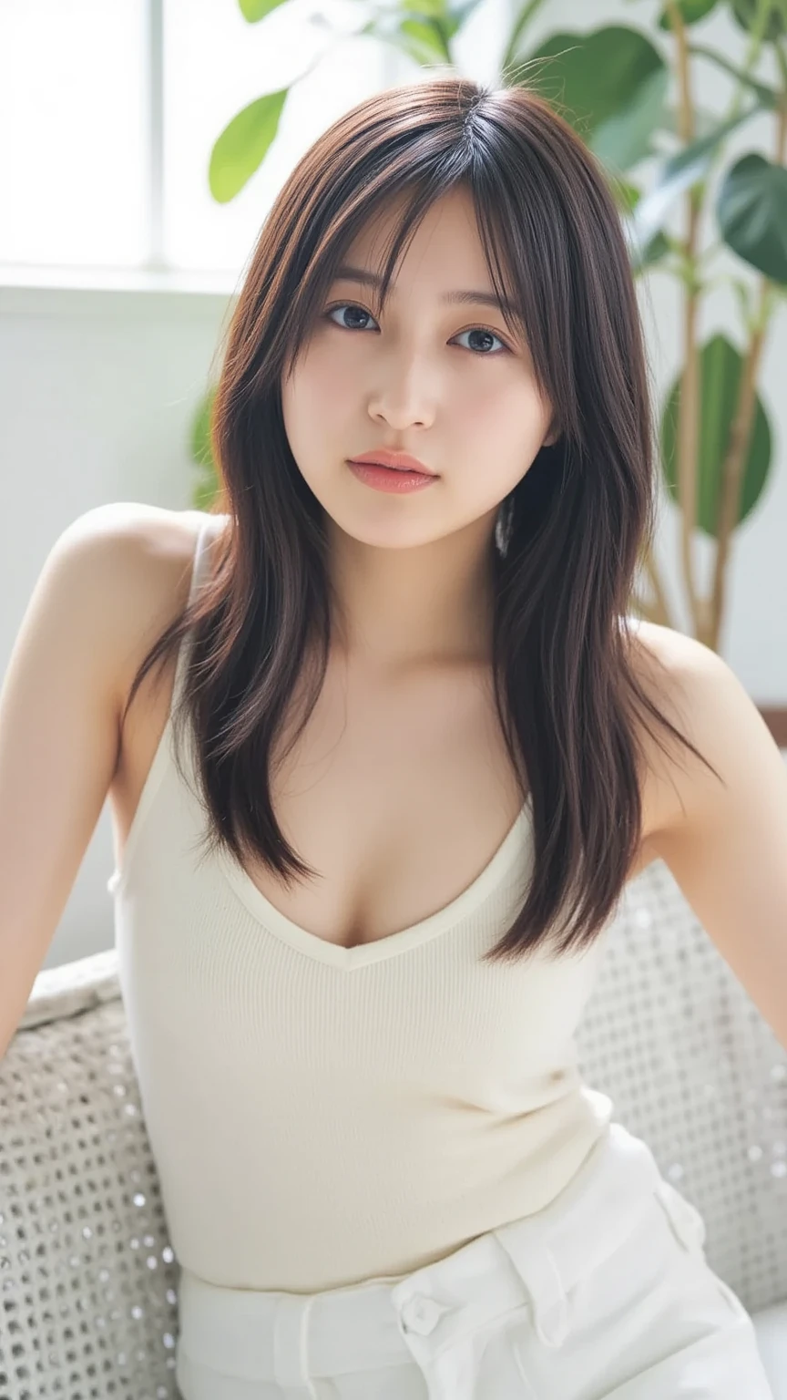 Random Pause, Mix 4,8K, RAW Photos, Highest quality, masterpiece: 1.45), (Realistic, photoRealistic: 1.37), one girl, cute,, , Professional Lighting, Photon Mapping, , Physically Based Rendering, ,,, {white,Sheer, tight short-sleeved turtleneck:1.2):Nipples}, White skin, best quality photos, High resolution, 1080P, (Clear Face), (Detailed face description), (Detailed hand description), (masterpiece), ), Extreme light and shadow, (Straight Hair:1.5}, masterpiece, Rich details, (Beautiful Face), (Highest quality photo ), (masterpiece), (bangs:1.5), Look in front of you, Thin clavicle, (Small breasts:1.4),