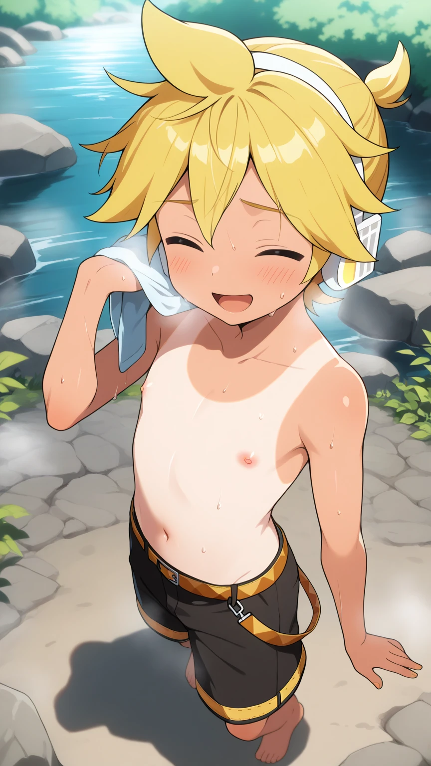 anime model of a blonde boy, With bright green eyes, naked showing his penis, normal size, a beautiful and bright smile, a face as cute as that of a god and beautiful, no furry.