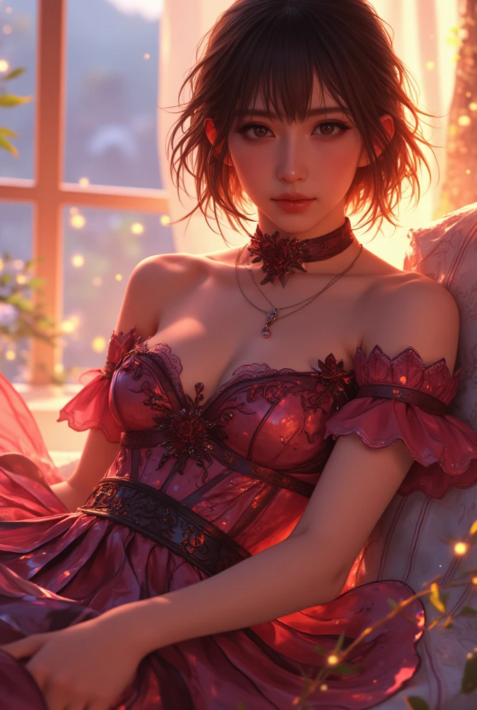 Cinematic of fire fairy girl, red and black tone, beautiful eyes, small_nose, (èå°å°), realistic artwork, high detailed, professional, upper body photo of a transparent porcelain cute creature, with glowing backlit panels, anatomical plants, dark forest, grainy, shiny, with vibrant colors, colorful, ((realistic skin)), glow surreal objects floating, ((floating:1.4)), contrasting shadows, photographic, niji style, 1girl, xxmixgirl, FilmGirl, aura_glowing, colored_aura, Movie Still, final_fantasy_vii_remake, ((big_breast:1.1)), transparent_clothing, (transparent_butterflies are part of her body), sleeping:1.4, ((depth_of_field)), ellafreya
