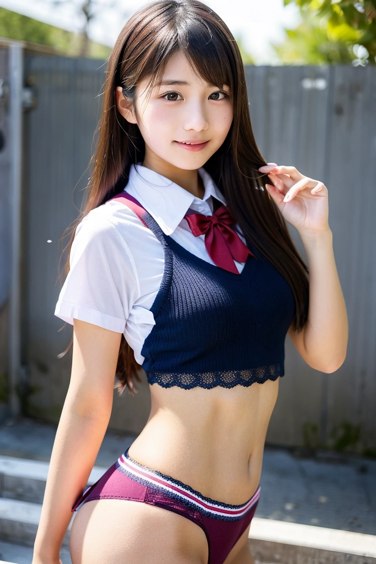 (((Are standing, Turn your butt around to the camera, whole body, The long skirt is blown up by the wind, Hold down your skirt with both hands, Light blue panties caught on camera, Low rise panties))),(masterpiece, highest quality:1.1), (8k, RAW Photos, Photorealistic:1.2, f22), (Shiny skin), Detailed white skin,Long Hair, ponytail, Small face, Detailed face, Fine grain, double eyelid, Big eyes, smile, Intricate details, One girl, 18-year-old, Japanese, cute,high school girl