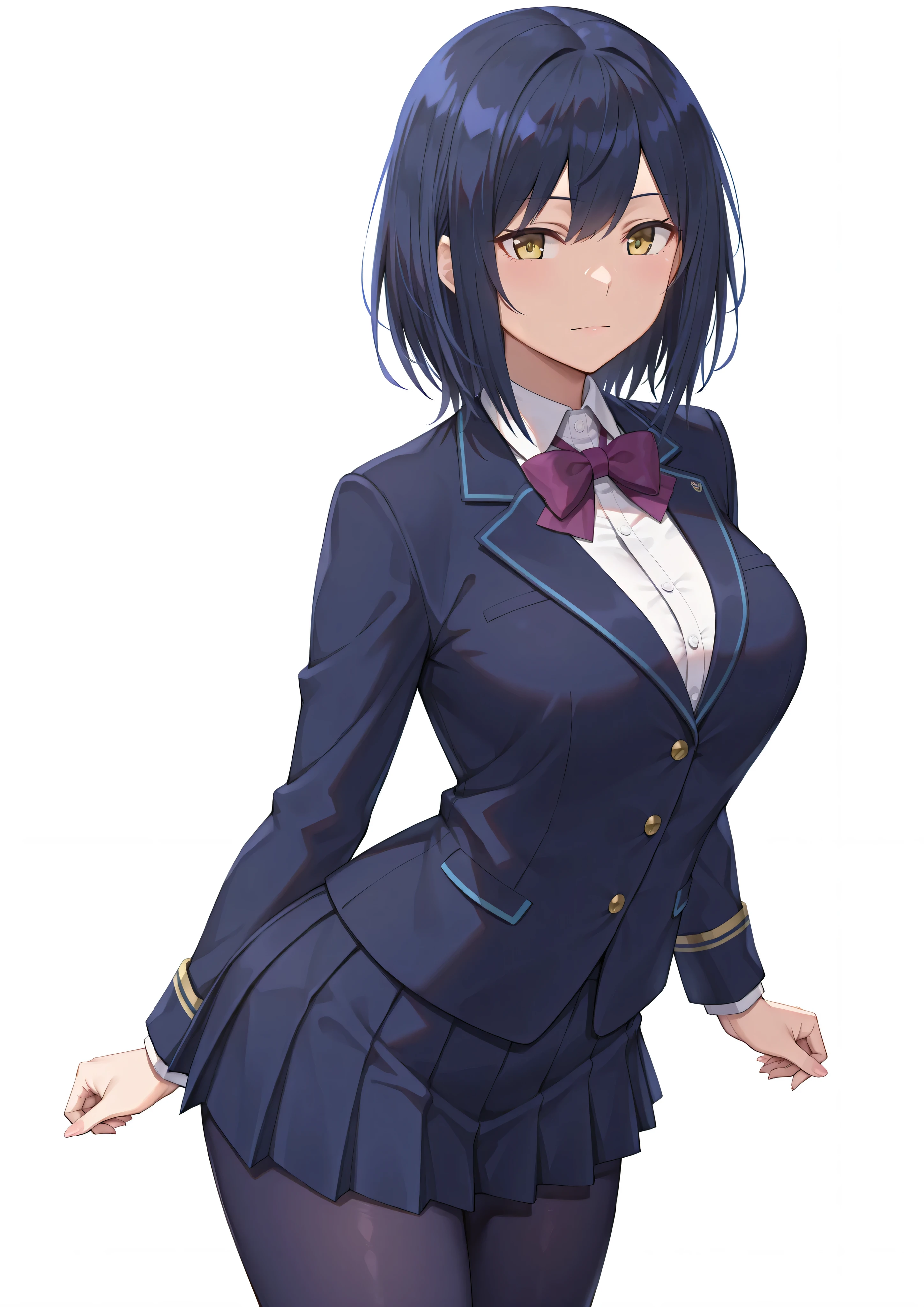 solo,masterpiece,best quality, amazing quality, highres, absurdres, very aesthetic, high resolution, ultra detailed, perfect details,nijirin,medium breasts,yellow eyes,blue hair,black hair,moles,medium hair,nijirincos,white shirt,collared shirt,purple bowtie,blazer jacket,blue jacket,closed jacket,blue skirt,miniskirt,pleated skirt,dark blue pantyhose,(masterpiece, detailed:1.2)、look at viewer,mature female,white background