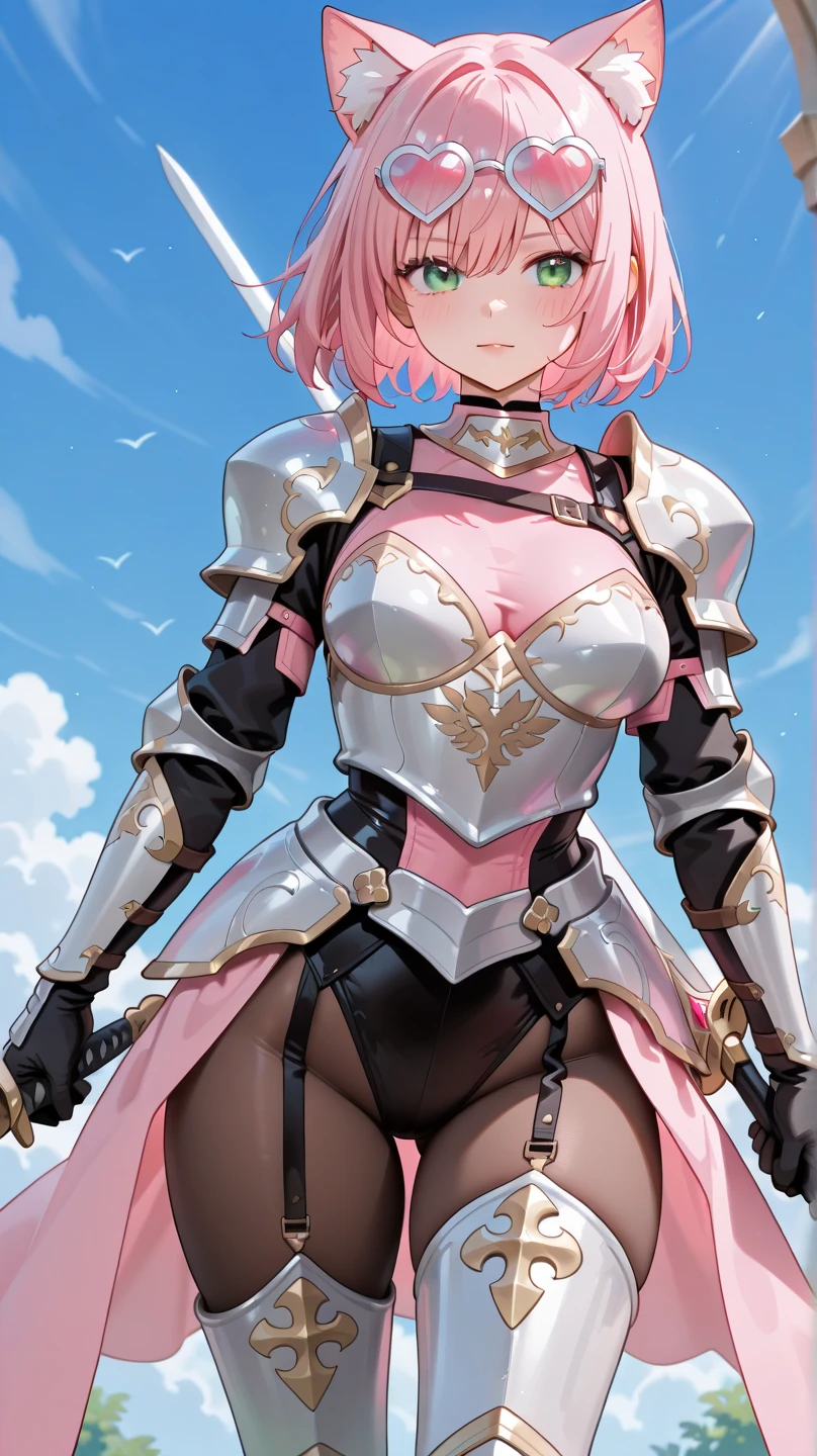 SFW (masterpiece, best quality, 32k) a teenage girl with short pink hair ((pastel pink hair, pale pink hair, bangs, straight hair:1.4, braid, bob, inverted bob)), ((brown eyes, yellow eyes, amber eyes, golden eyes, bright eyes, beautiful eyes, detailed eyes, finely detailed eyes, highly detailed eyes)), ((youthful face, beautiful face, cute face, sexy face)), ((dark eyeshadow, dark eyeliner, full lips, pink lips)), ((pale skin:1.5, white skin, porcelain skin, smooth skin, soft skin)), standing, walking, outside, outdoors, sky, clouds, simple background. ((Fantasy clothes, fantasy outfit, stylish clothes, stylish outfit, armored dress, partial armor, bodysuit, runes)), ((huge breasts:1.7, enormous breasts:1.2, gigantic breasts:1.2, round breasts:1.3, perky breasts:1.3, cleavage bulge, bursting breasts)), ((slim:1.4, lithe:1.4, slender:1.4, thin:1.4, busty:1.2, buxom:1.2, supermodel body:1.2, svelte body:1.2, fit body:1.2)), ((round hips, thin waist, waspish waist, slim waist)), ((long legs, slender legs)), small smile ((full lips)), calm expression, content expression, serene expression, happy expression, open eyes, large eyes, expressive eyes, head-to-waist portrait, cinematics, color oil painting, cinematic lighting, ((extremely detailed face)), ((finely detailed face)), Extremely detailed eyes, finely detailed eyes, beautiful face, beautiful eyes, perfect lighting, depth of field, (realistic proportions), (good anatomy), ((solo:1.6)), ((1girl:1.6))