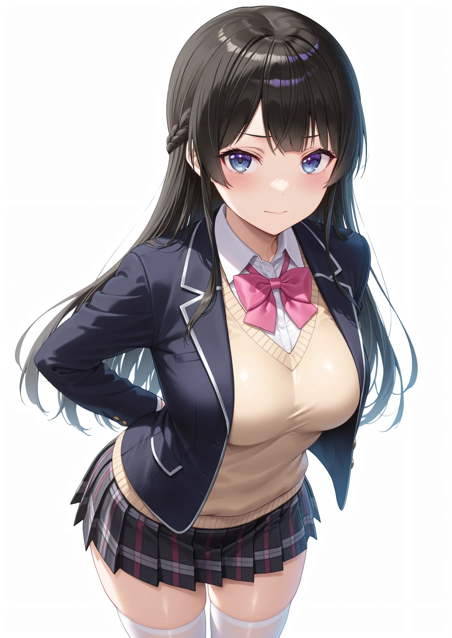 solo,masterpiece,best quality,super fine illustration、finely detail 、clear picture、UHD、HDR, amazing quality, highres, absurdres, very aesthetic, high resolution, ultra detailed, perfect details,(masterpiece, detailed:1.2),nijimito,medium breasts,blue eyes,black hair,long hair,french braid,hair pin,nijimitocos,white shirt,pink bowtie,sweater,black jacket,blazer jacket,closed jacket,plaid skirt,pleated skirt,black skirt,miniskirt,white thighhighs,