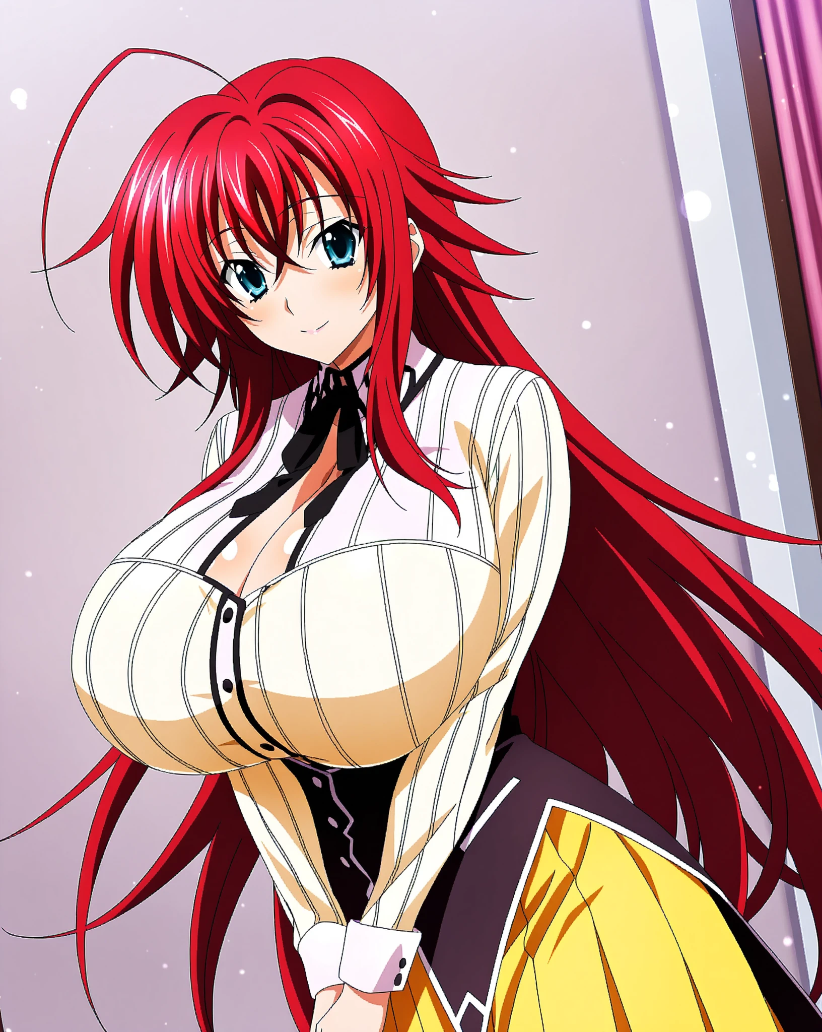 Highschool dxd, Rias Gremory, 1girl, (((bimbo))), blue eyes, puffy lips, painted lips, thick lips, wide hips, thick thighs, big breast, huge ass, revealing cleavage, erotic, smile face, bubble butt, huge breasts, black cat suit, posing