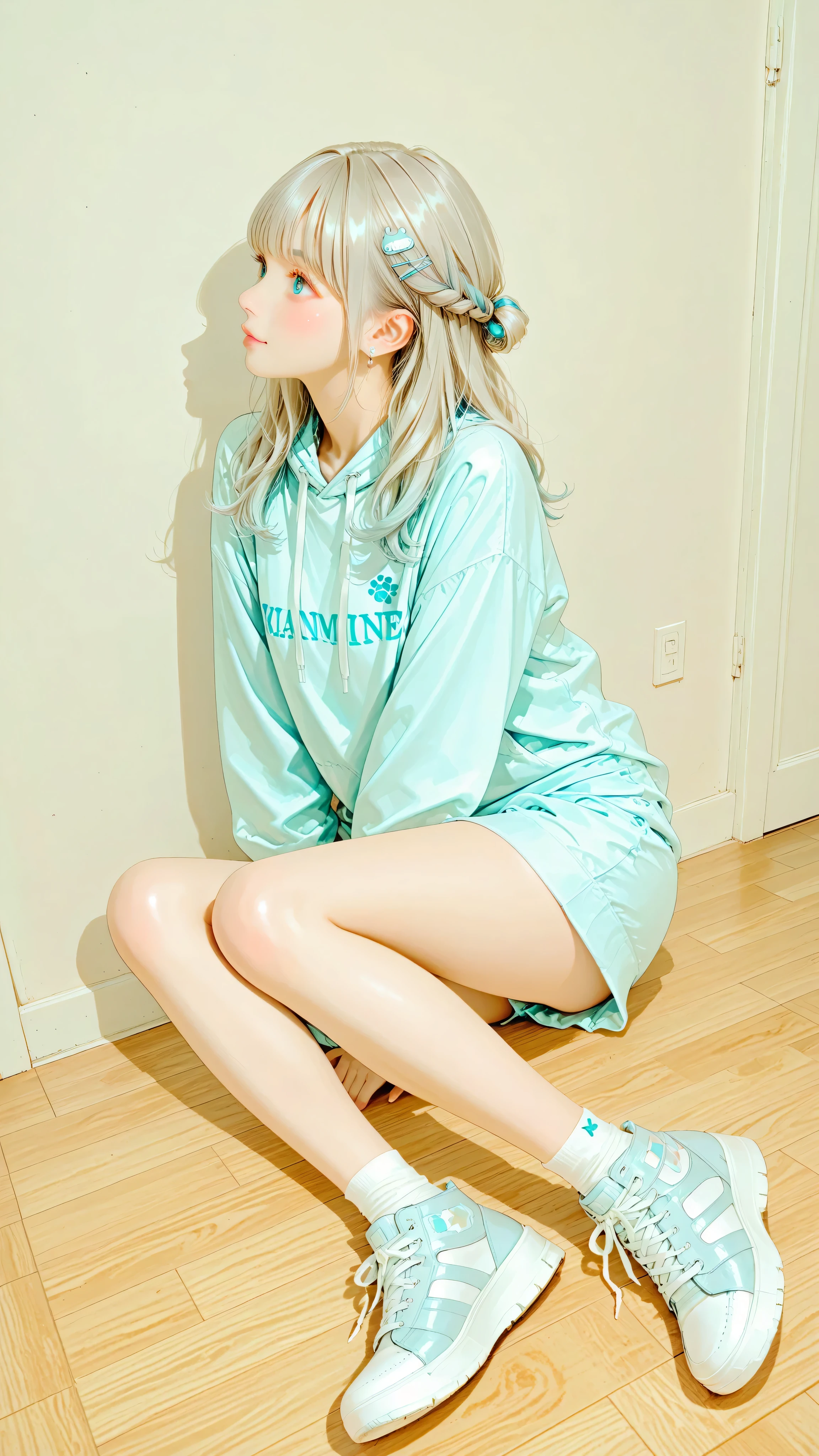 very aesthetic , Arlind Absan Subcarmine Girl, perfect anatomy. BREAK \((Newest Subculture Ice Blue Costume)and(Landmine Pastel Orange Coordination\)), Detailed Natural Hair. 20 years old、During break, Subculture Hairstyles, Profile of a beautiful girl with pastel gray hair, (blue eyes)Perfect Shadow, Playful Cute Japanese Face. BREAK 睡眠and目覚めのポーズ, The entrance background , (Sit on the floor々Kneading Photos), MX4D.