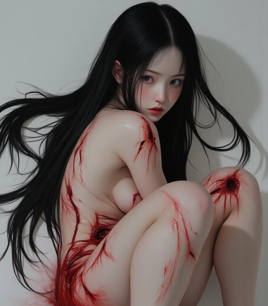 Highest quality、Masterpiece、Highest detail、Japanese Yokai、A naked woman with small breasts floating in the darkness、Hell Girl、Spread your legs wide to show your vagina、Vermilion eyeliner、Glare、Feeling fear、Wearing a thin veil on the body、Red background、Multiple exposure dense fog