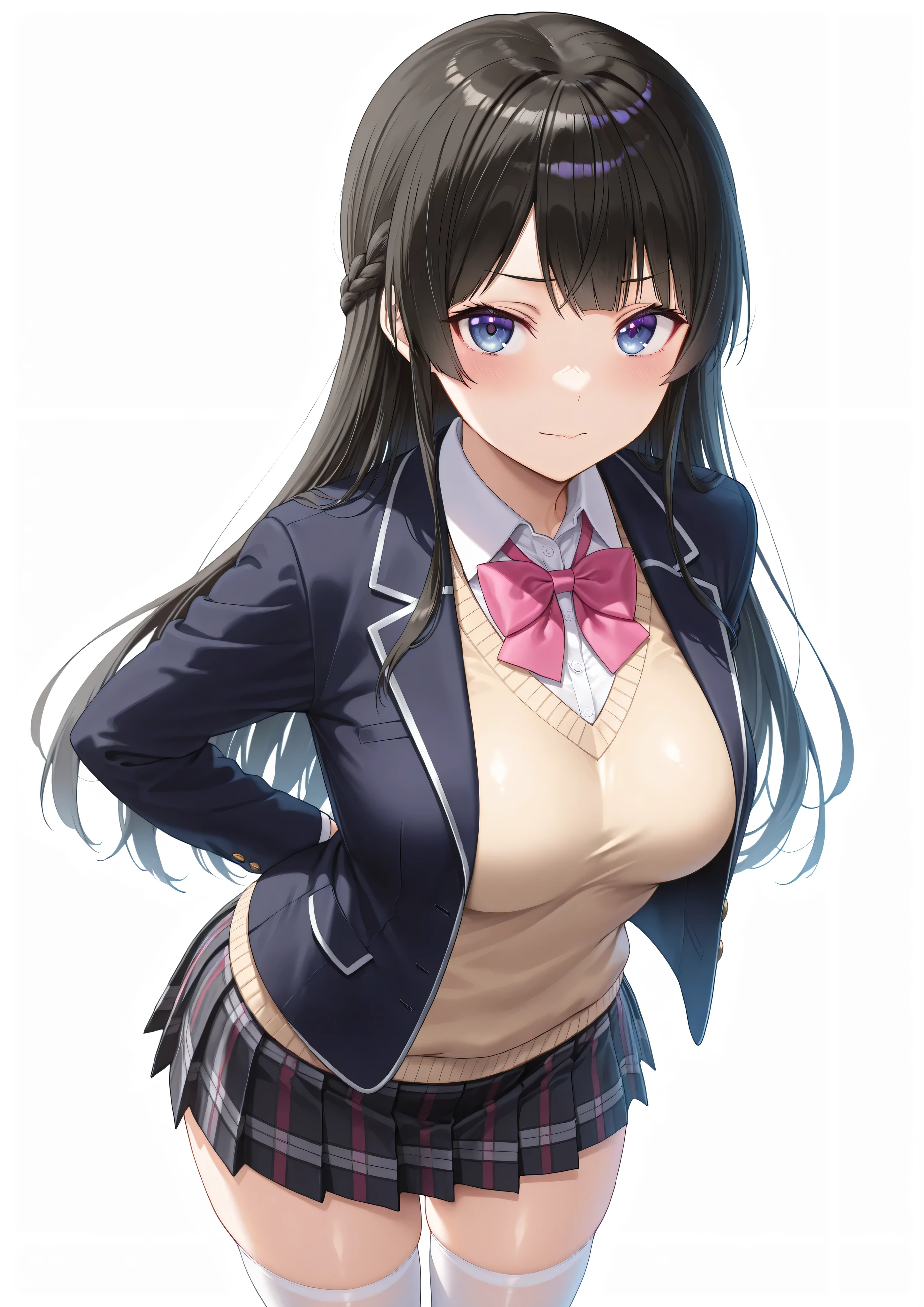 solo,masterpiece,best quality,super fine illustration、finely detail 、clear picture、UHD、HDR, amazing quality, highres, absurdres, very aesthetic, high resolution, ultra detailed, perfect details,(masterpiece, detailed:1.2),nijimito,medium breasts,blue eyes,black hair,long hair,french braid,hair pin,nijimitocos,white shirt,pink bowtie,sweater,black jacket,blazer jacket,closed jacket,plaid skirt,pleated skirt,black skirt,miniskirt,white thighhighs,