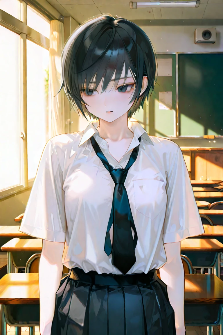 (best quality, masterpiece, girl, solo, cat ears, anime style, by anime), cut girl, school, school uniform, classroom, super detailed, 4k,focus sharp,1girl, short hair, white shirt, black necktie, front view, full body, scared expression, scared face, (tears:1.2), (eager pet pose),crouched,restaurant background,good face,(good hand),good finger,looking at viewer,
