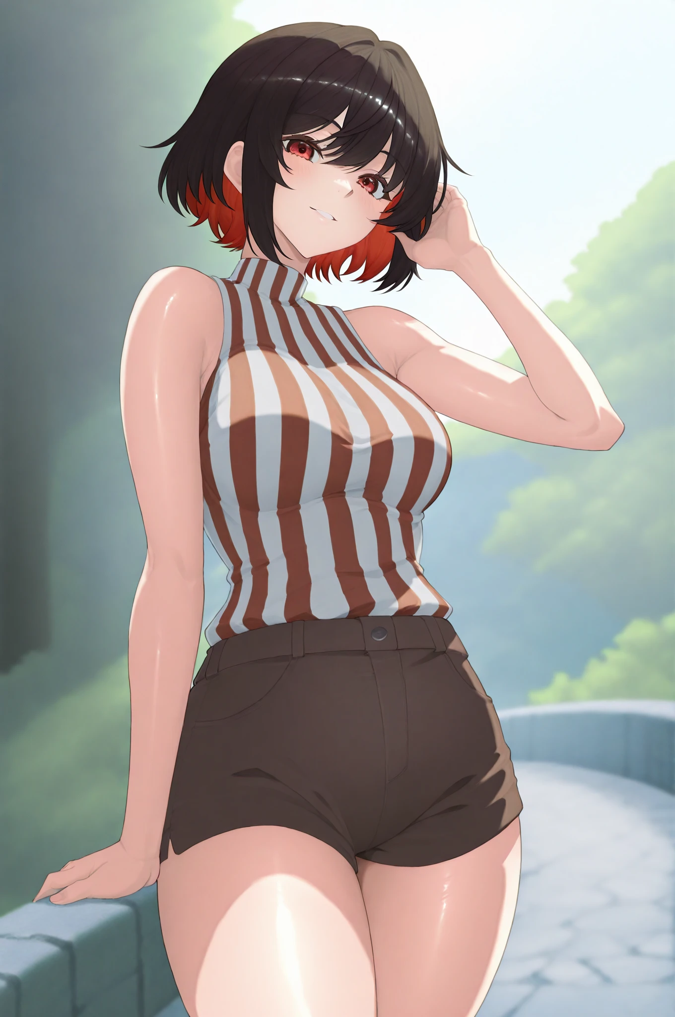 Masterpiece, stunning realistic, best quality, Sharpness, 1 girl, big ,red hair,straight hair,bobcut,red eyes,standing in a beatiful garden with an sea,big ,blush in face,red face, cute smile,closed mouth,arms behind back,very tight longsleeve,micro leggins shorts