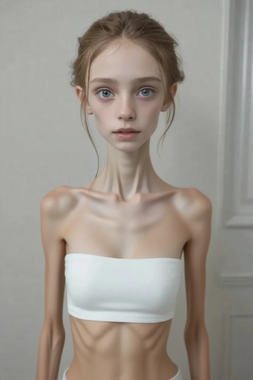 two very thin young nude teenager who looks anorexic gazing sadly into the camera lens. The scene show the entire body of the teenager. Moaning face. the girl's body is similar to that of a pubescent. gagged.with a crucifix around his neck. she is squatting with spread legs. back view