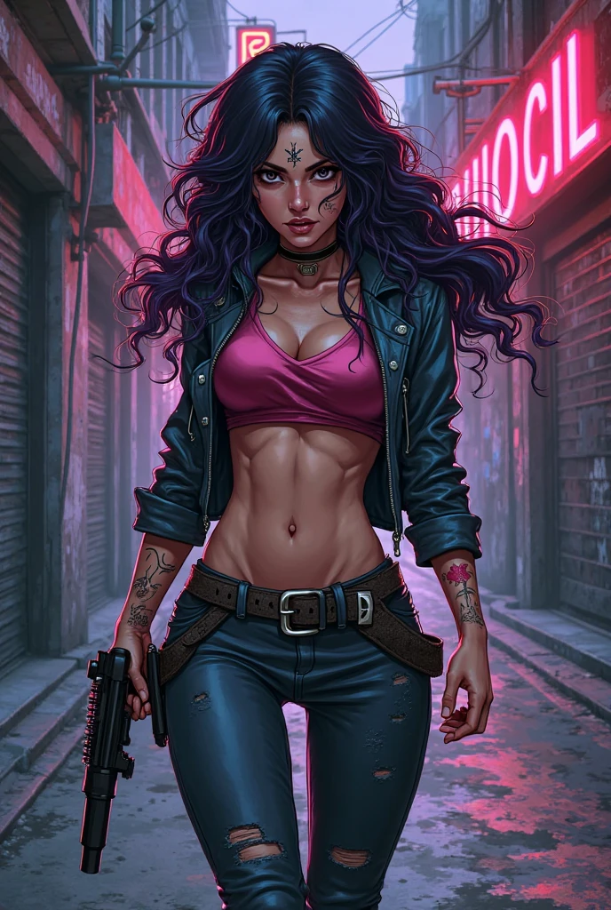 (best quality, masterpiece: 1.3), 1girl (Adriana Lima :1.1) red lips, green eyes, rainy day, fog, alley, umbrella holding, large and transparent umbrella, looking at the viewer, blue hair, facing the photo, cyberpunk city, alone in the alley, neon in the alley, very reflective city, long hair, sized strands going over the alley, bars, Japan, Tokyo, garter belt on one leg, knee pad on the other leg, perfect hand, delicate, night