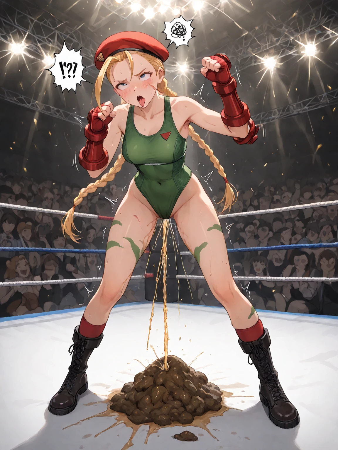 score_9, score_8_up, score_7_up, 1girl, solo, (loli:1.5), (small body), flat chest, CammyWhiteSFXL, scar on cheek, blue eyes, blonde hair, long hair, twin braids, antenna hair, camouflage, red beret, bare shoulders, green leotard, black harness, red gloves, fingerless gloves, barefoot, lyinng floor, lying back, sad, crying, closed eyes, screaming, blushing, fighting ring, baby, (from above) oversized clothes,