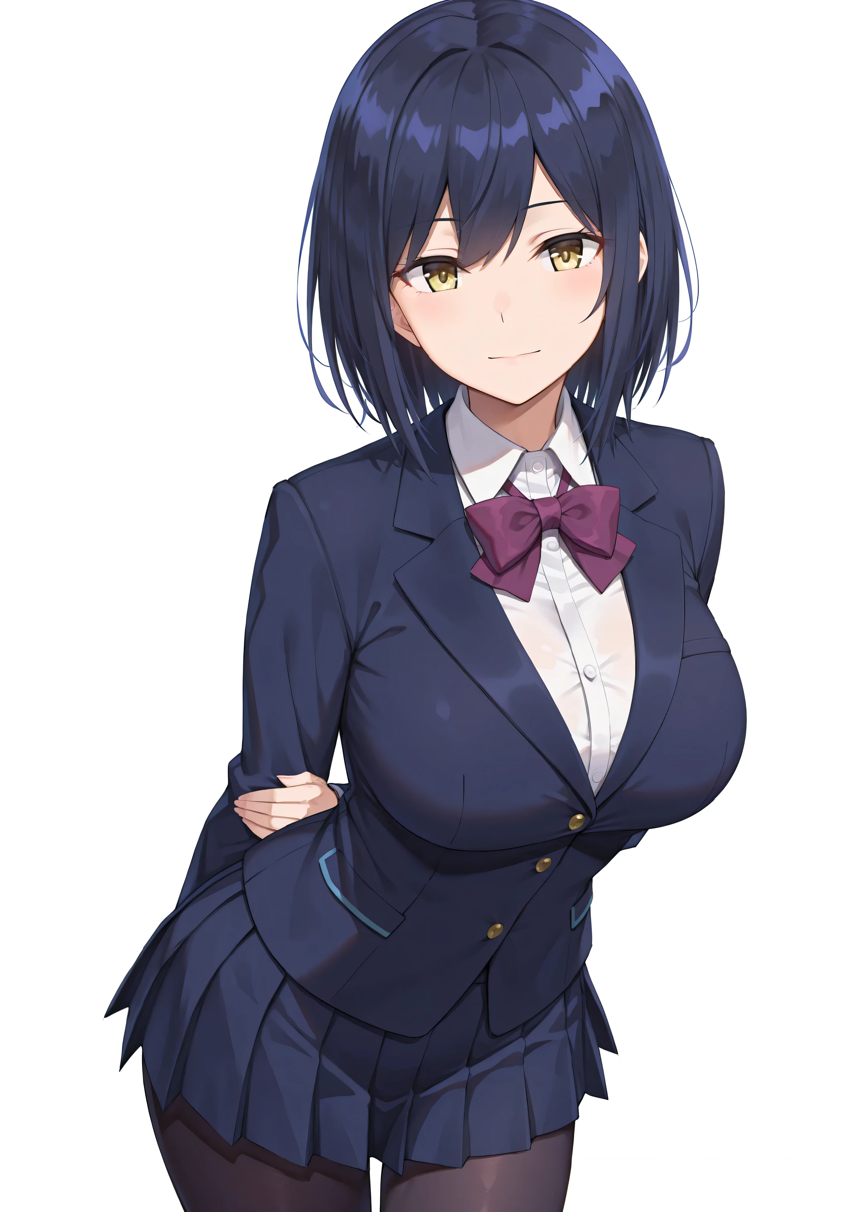 solo,masterpiece,best quality, amazing quality, highres, absurdres, very aesthetic, high resolution, ultra detailed, perfect details,nijirin,large breasts,yellow eyes,blue hair,black hair,moles,medium hair,nijirincos,white shirt,collared shirt,purple bowtie,blazer jacket,blue jacket,closed jacket,blue skirt,miniskirt,pleated skirt,dark blue pantyhose,(masterpiece, detailed:1.2)、look at viewer,mature female,white background