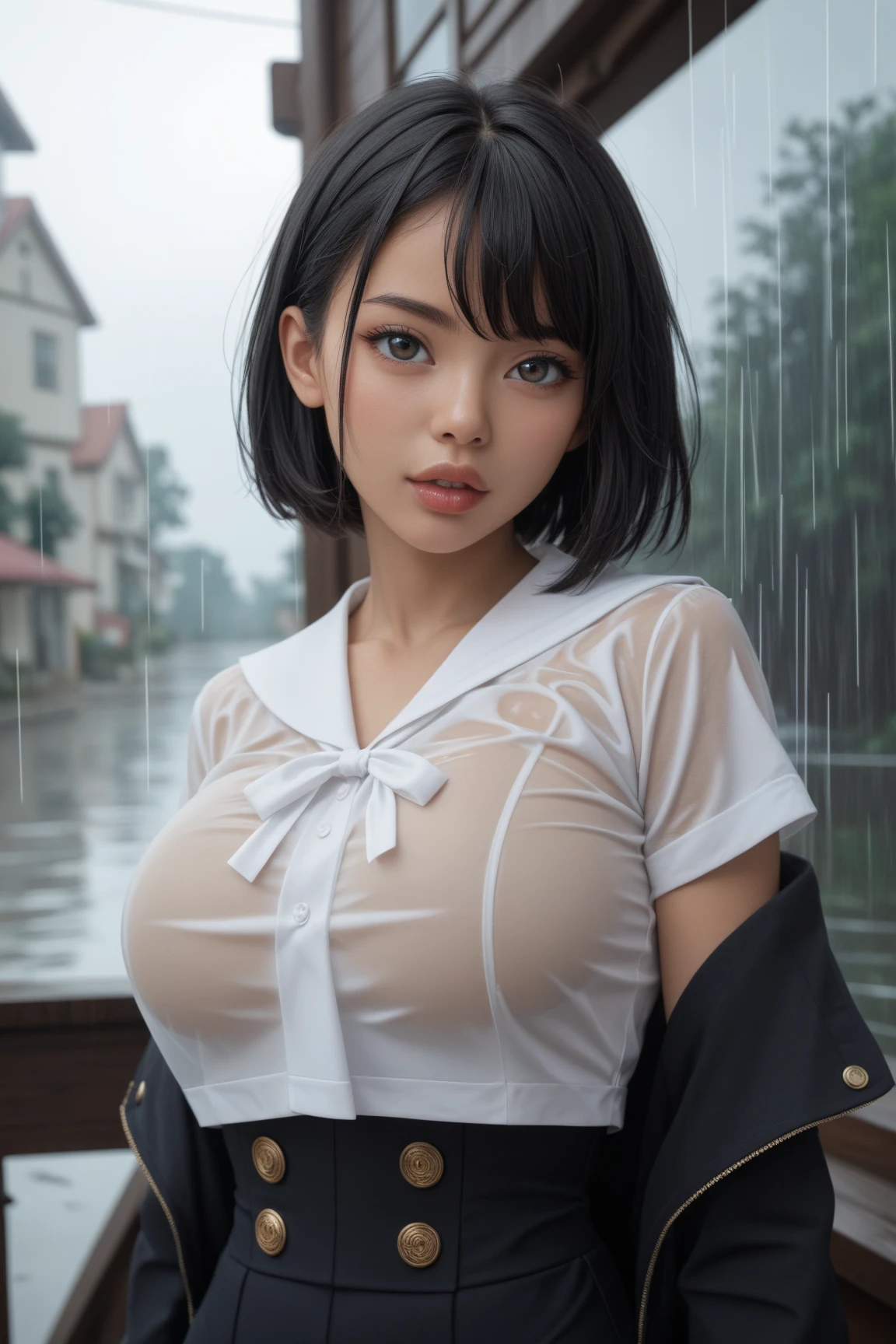 steam , wet and sweaty , Nipples can be seen through , wet white shirt , rain