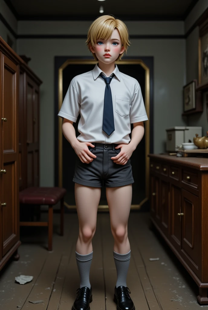 A boy in a straitjacket，sit on a bed，Smooth white tights，Chicken bar naked，A high resolution --auto