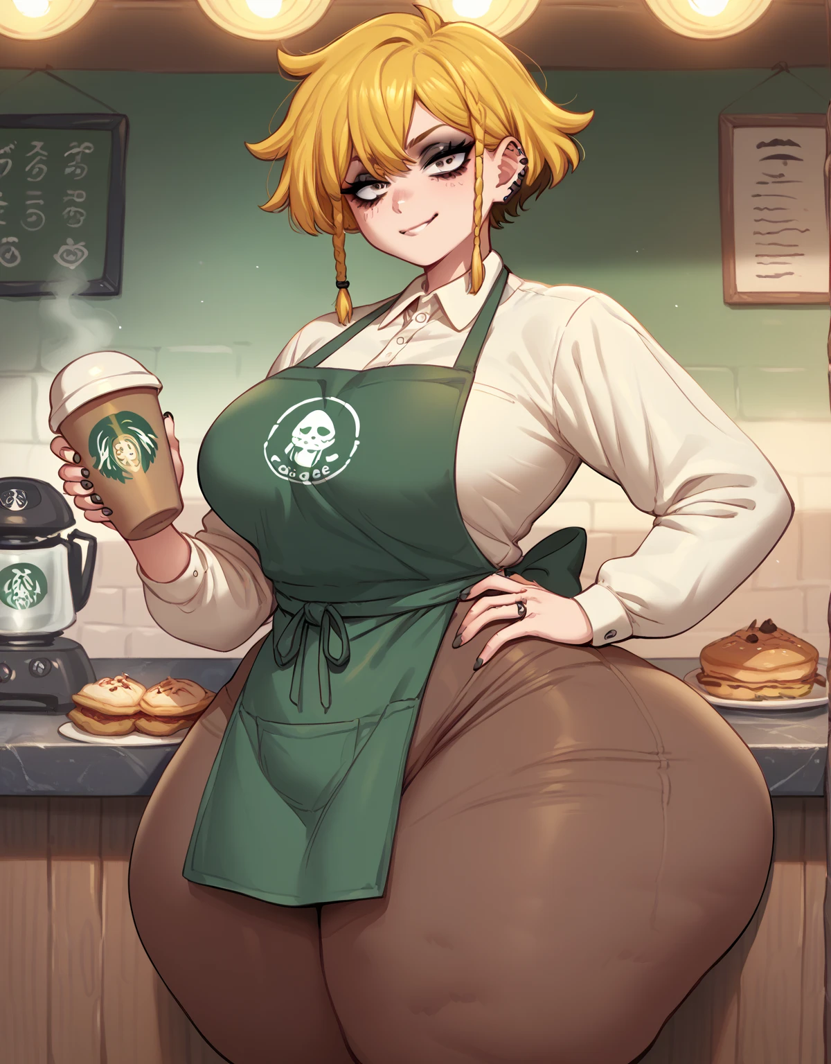 1girl, short hair, yellow hair, yellow eyes, ahoge, breasts, thighs, curvy, cleavage, breast milk latte, green apron, meme, naked apron, apron, thigh highs, disposable cup, holding pen, pen, holding cup, cup, frown, unamused, <lora:breast_milk_latte:0.7>, cashier desk, bangs, <lora:DarkCabalChibiStyle:1>