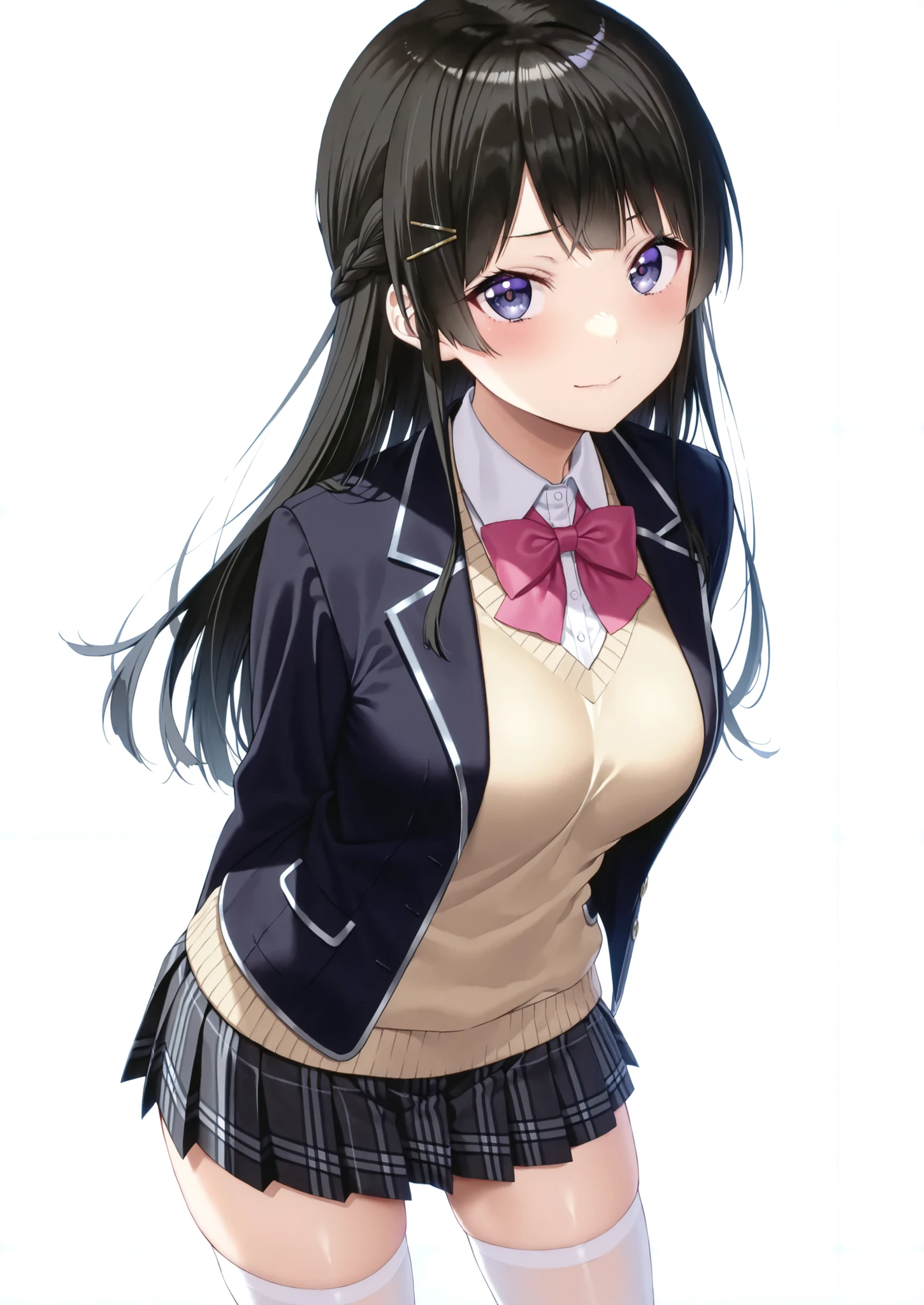 solo,masterpiece,best quality,super fine illustration、finely detail 、clear picture、UHD、HDR, amazing quality, highres, absurdres, very aesthetic, high resolution, ultra detailed, perfect details,(masterpiece, detailed:1.2),nijimito,medium breasts,blue eyes,black hair,long hair,french braid,hair pin,nijimitocos,white shirt,pink bowtie,sweater,black jacket,blazer jacket,closed jacket,plaid skirt,pleated skirt,black skirt,miniskirt,white thighhighs,