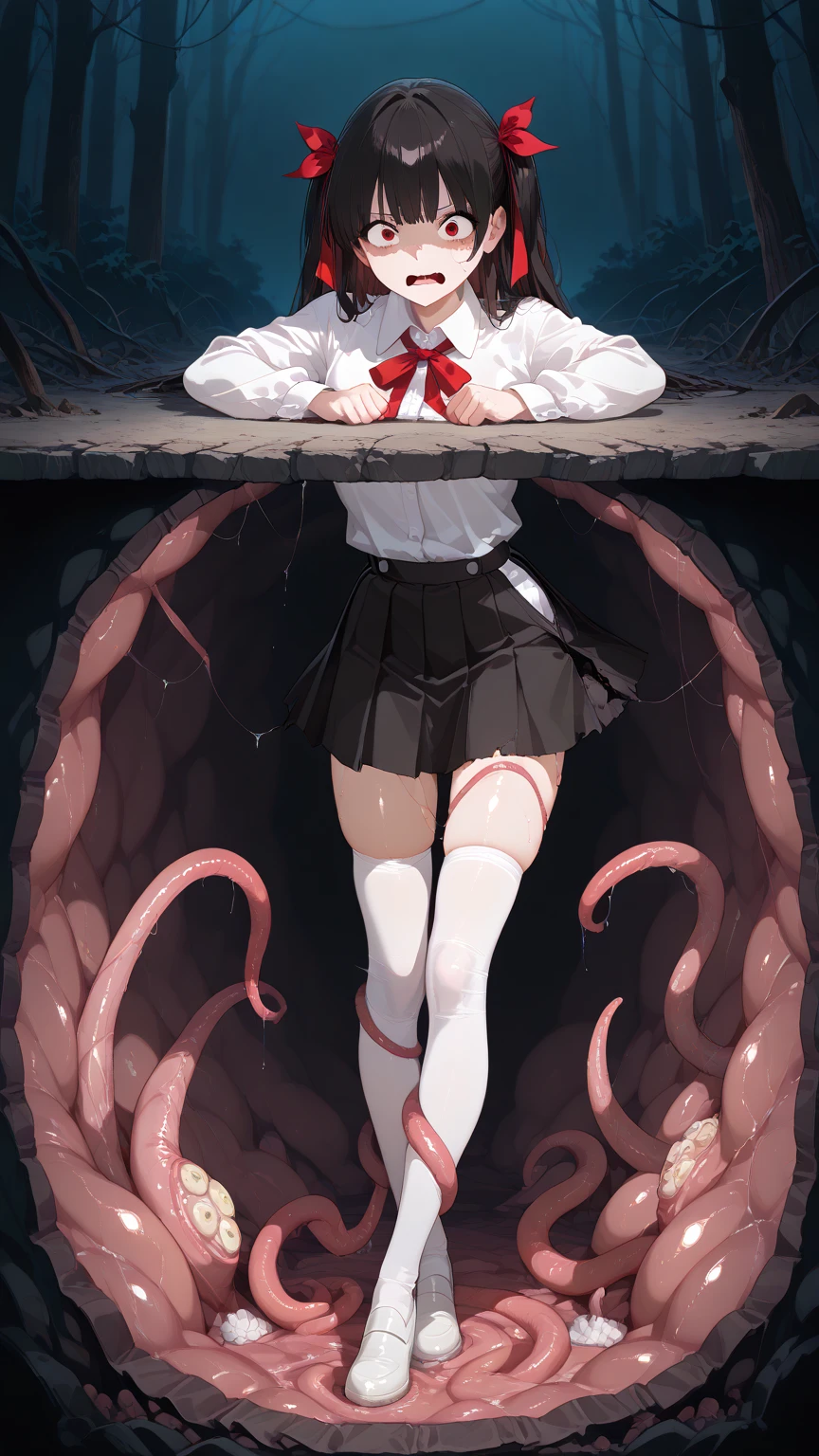 ((((Super Illustration Style:1.0)))),Highest quality,Best Anime,masterpiece,Ray Tracing, Global Illumination,,Little,One girl, alone, Are standing,whole body, View your viewers, Outdoor, Spread your legs,orgasm,blush, Sweat,White panties、Squat、Look at this、skirt、、Attacked by tentacles、Tentacles wrap around my legs、Tentacles in the crotch、Captured by tentacles、cry、shout、Ecstasy face、skirtの中の触手、Do not run away、Lying down、Torn clothes、skirtの下からスパッツが見えます、Spread your legs、Disheveled clothing、skirtをめくった、