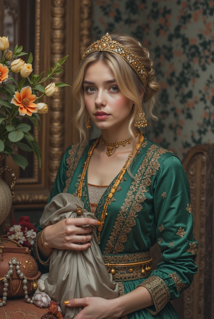 Close-up of a blonde, plump woman wearing an ornate, embroidered dress, with the Algerian flag over it, perfect clarity of the entire image, sharpness of the face and eyes, intricate details 64k 32k HDset green nature background 