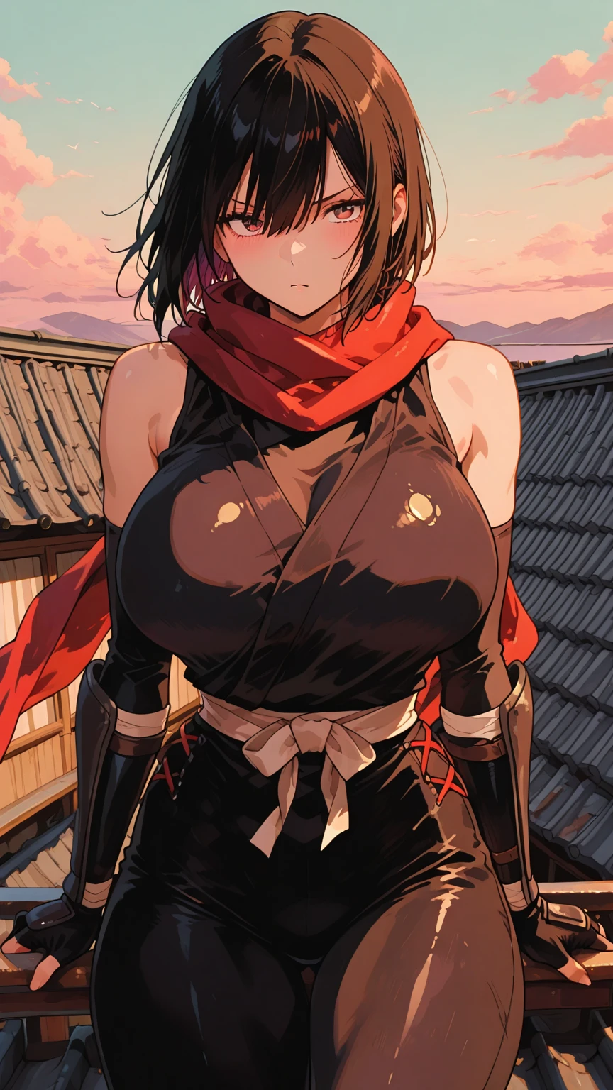 (((masterpeace、BEST QUALITY、high precision、High and fine)))、((fantasy)), (loose and baggy ninja garments), {Dark hair tied together},(Female Ninja Armor),(Long flowing ninja scarf), (Bright red eyes), 1girl, ninja, Japanese style, adult, confident, ninja warrior. Dynamic angle, sakura petals, fuedal japanese environment. adult, strong muscular build, tough, strong, nighttime, full moon. warrior, kunoichi, Trained ninja assassin. revealing skin, big boobs, strong facial features.