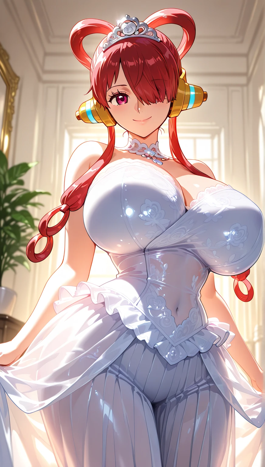 "(masterpiece:1.1), best quality, NSFW,
1girl, (80s anime style:1.3), (eyelashes:1.5), (loli:1.2),
(intricate high detailed body:1.2),
(pink hair:1.1), (hair slicked back:1.2), (short hair, twin bun:1.1),
red eyes, (red lip stick:1.3),
(perfect world gigantic, gigantic breasts:1.5),
(angry, smile:1.2),
(see-through cloth leotard armor, criss-cross halter:1.2), (garter belt:1.2),
(earrings:1.1), collar,
standing, peace sign,
(upper body, cowboy shot, looking at viewer, from front:1.1),
(daytime, grassland, outdoors:1.2)"