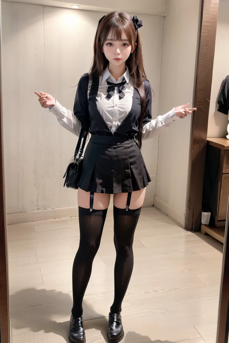 There is a woman in a skirt and a cat mask taking a selfie in front of the mirror, Surrealism female students, thighhighs and skirt, Surrealism female students, Realistic schoolgirl, cute female student, wearing skirt and high socks, Full body picture, anime barbie in white stockings, dressed as schoolgirl, very sexy outfit, Anime girl cosplay, pretty face with arms and legs