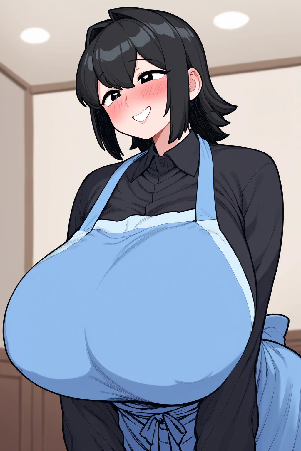 komi shuuko,1girl,solo,Females in heat,blush,Hypnotized,apron,super huge breasts,looking at viewer,house,in living room