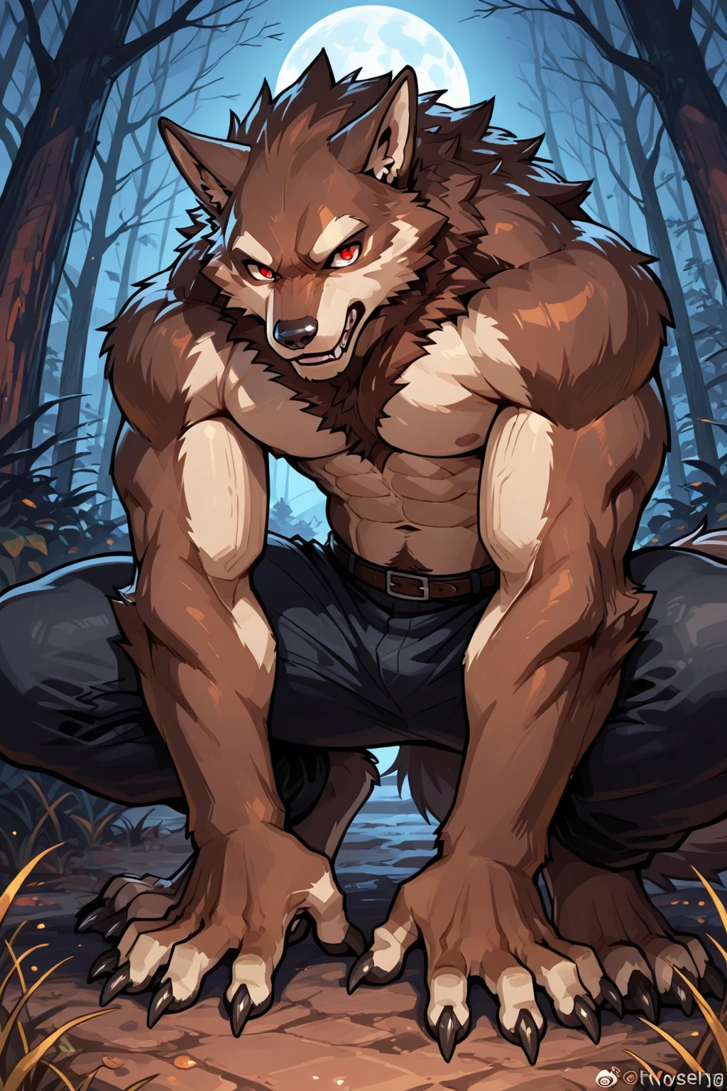 Toned muscular werewolf urinates on a hallway wall with relief face and is ?????