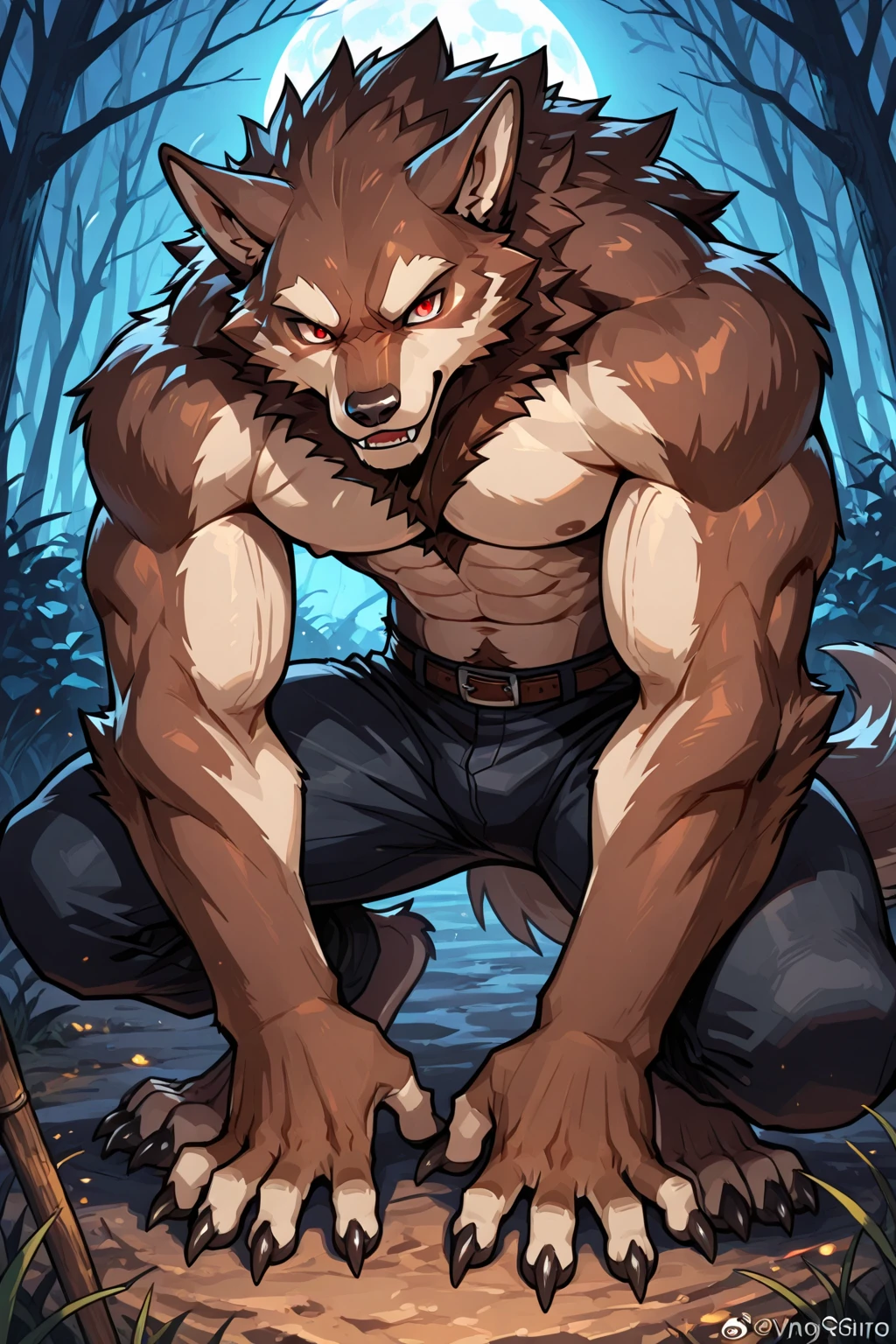 a male Werewolf lumberjack in a forest at night under a full moon, detailed facial features, muscular build, rugged facial features, tattered clothes, leaves and branches, moonlit forest, realistic skin texture, dynamic pose, dramatic lighting,Red Plaid Shirt, Burly, Hairy, Giant, hungry, drooling, Large Canine penis, Canine Penis, , Hairy, Black werewolf, Canine, Predator, flaccid, Gigantic penis, Hyper, Furry, Searching for prey
