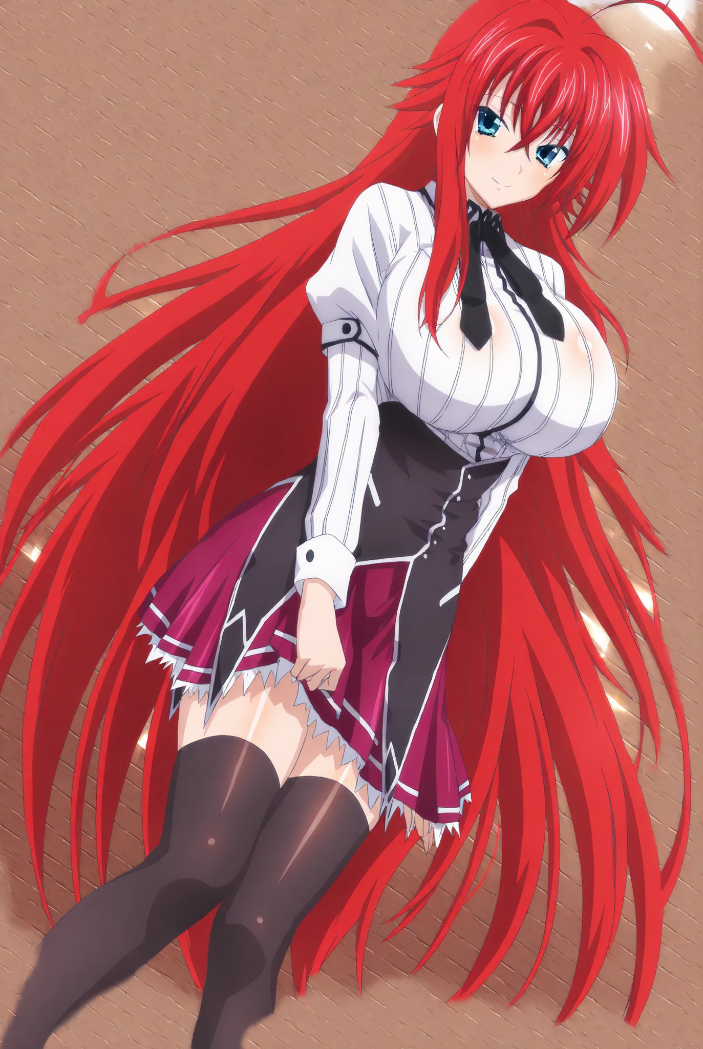 obra maestra, mejor calidad, highres, best quality, highres, rias gremory, 1girl, pelo largo,pelo rojo, ahoge, ojos azules, pechos grandes, pelo muy largo, pechos, , enorme ahoge,bikini, al aire libre, de pie, piernas gruesas , sorisa,toples,captura de pantalla de anime