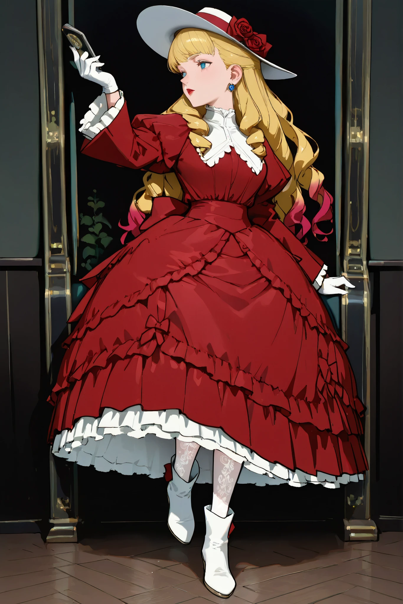 Scarlett as a pretty 13yo blonde socialite (((rebuffing the advances of a large horny 69yo gentleman))), Girl with a haughty expression, holding up her nose. 1890_dr3ss. (High-collar red dress with (long puff leg o'mutton sleeves, white gloves)), wide-brimmed hat topped with flowers, cameo brooch pinned on her neck, (long skirt, white petticoats, silk stockings, white ankle boots with red tips). Gorgeous face, red lips, holding her nose up. Hourglass figure, medium breasts, 10in waist, bubble butt. Victorian setting. (((Anatomically correct)))