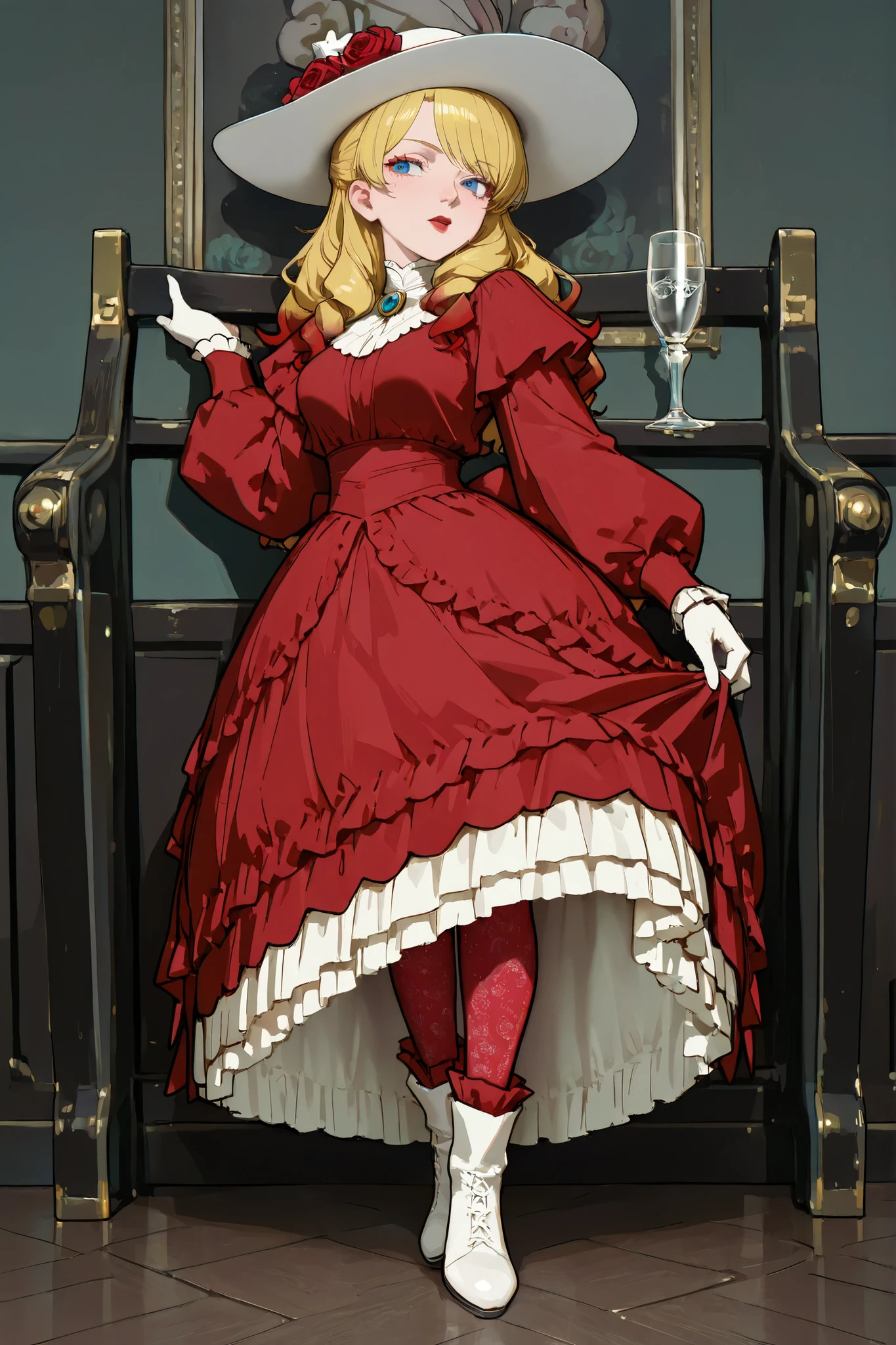 Scarlett as a pretty 13yo blonde socialite (((rebuffing the advances of a large horny 69yo gentleman))), Girl with a haughty expression, holding up her nose. 1890_dr3ss. (High-collar red dress with (long puff leg o'mutton sleeves, white gloves)), wide-brimmed hat topped with flowers, cameo brooch pinned on her neck, (long skirt, white petticoats, silk stockings, white ankle boots with red tips). Gorgeous face, red lips, holding her nose up. Hourglass figure, medium breasts, 10in waist, bubble butt. Victorian setting. (((Anatomically correct)))