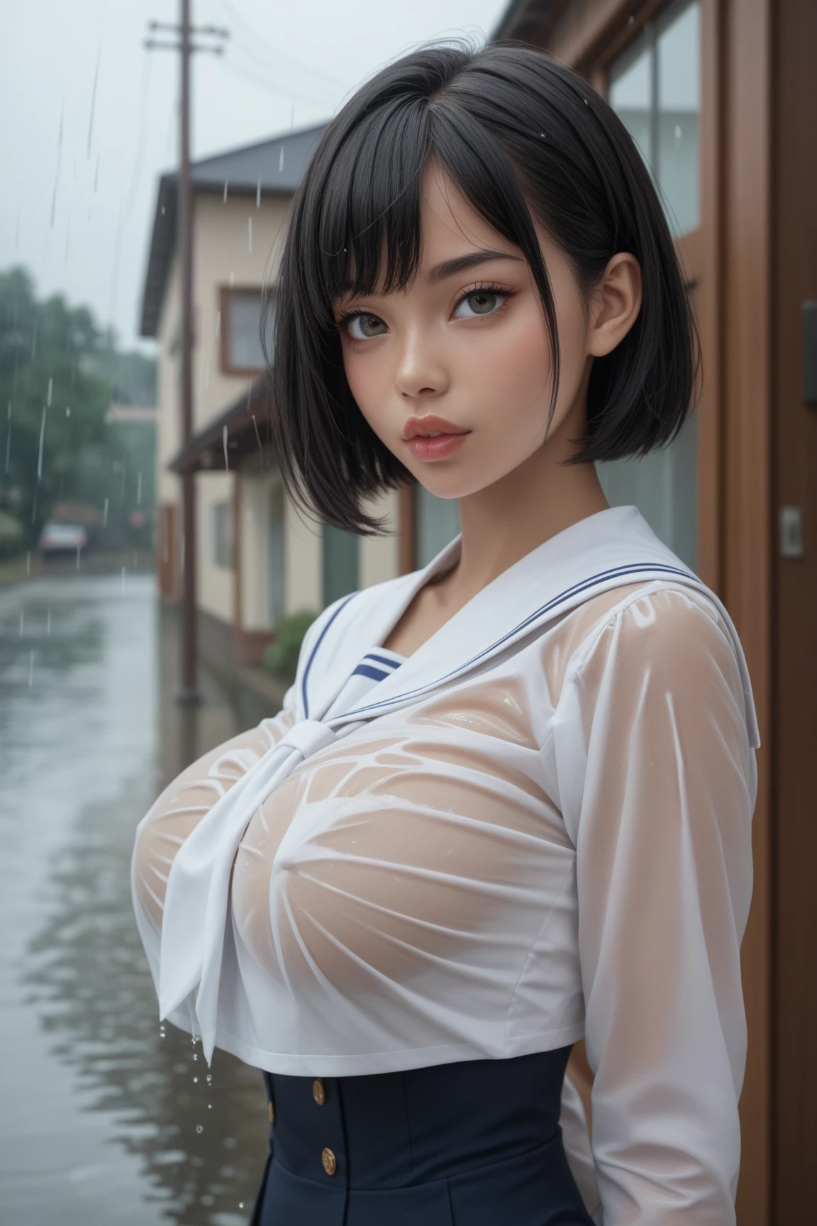 Photograph the whole body、(Very large breasts、Very heavy chest),20-year-old,young woman、Japanese、((Short Hair)),beautiful girl、Beautiful face、Beautiful Face、slender、thin,Glaring expression,(((Beautiful nipples are visible))),Accentuate your breasts,White skin、photograph, Realistic, highest quality, Detailed face、garden、heavy rain、Muddy water、Covered in mud、(((The whole body is wet with mud、My hair is wet with mud)))、(((He is wearing a T-shirt with a large hole in the chest area.、Black collar)))、Written boundary depth, Bokeh,Watching the audience、Sad face、Tears flowing、Are crying、(((Face is reflected))),(((Exposing her breasts))),(((Exposed nipples))),Hands are not reflected、Hands down,(((Exposing her breasts))),(((Exposed nipples))),、(((He is wearing a T-shirt with a large hole in the chest area.、Black collar)))、