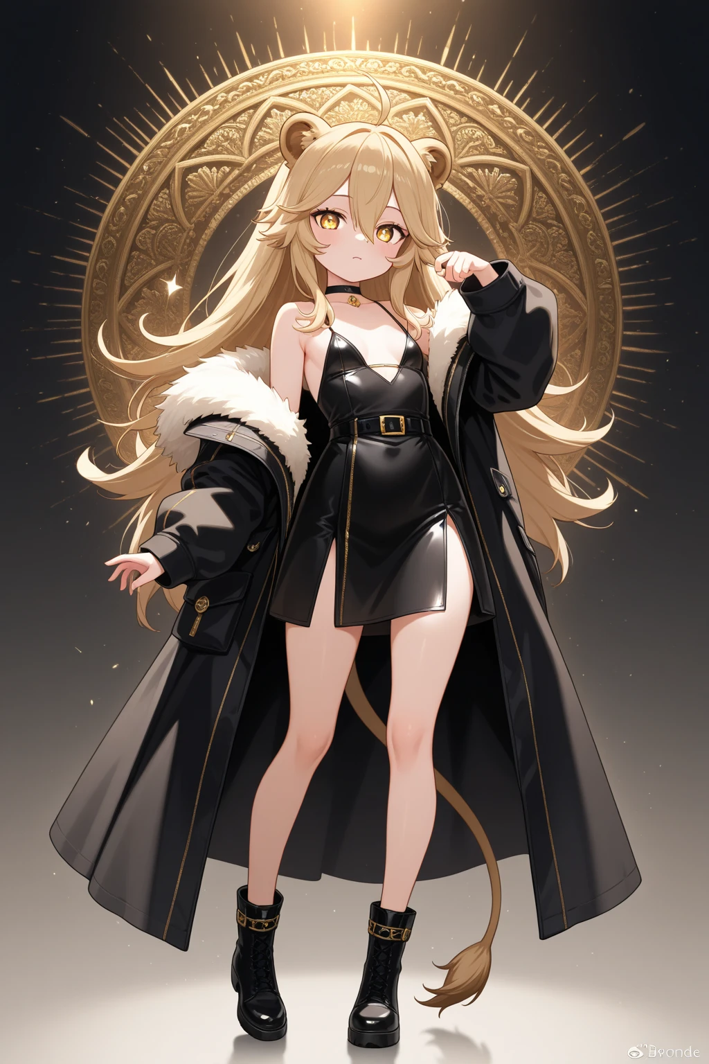 masterpiece, ultra quality, Beautiful detailed, extremely detailed,16K, exquisite, absurdity, highres, Beautiful background, Beautiful eye, Beautiful skin, anime style, one girl, solo, looking at viewer, gentle smile, full body of woman, blonde hair, long hair, slit eyes, brown eyes, very long eyelashes, very long hair, glossy lips, closed mouth, expressionless, slender tall body, small breasts, BREAK
Jet black fur dress, fur trim, long jet black fur hat, capelette, jet black footwear, BREAK
night, star \(sky\), starry sky, space, SL train flying in the sky