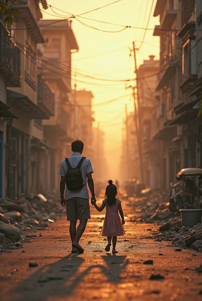 side profile photo of a little asian boy, 3 year old, looking at the camera, walking behind his mother who is holding his hand, while he clutches his teddy bear, on the ruin of a city, sand cloud, heat, hazy, rubles, debris, desaturated, low contrast, cinematic