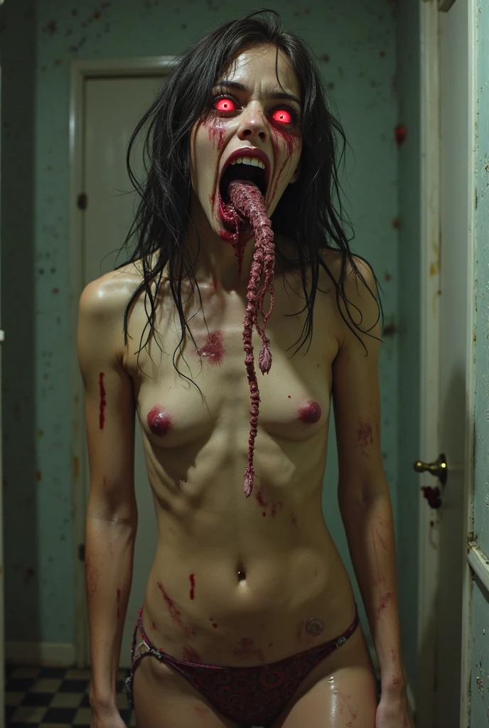 A photograph shows an extremely skinny, emaciated young nkzd woman without skin covered by blood with long teeth and large fangs. He is wearing a straitjacket in the basement. His mouth has been stitched shut with bandages to keep him from eating. The photo was taken with a video camera. There is no light source so it looks dark. --ar 64:119