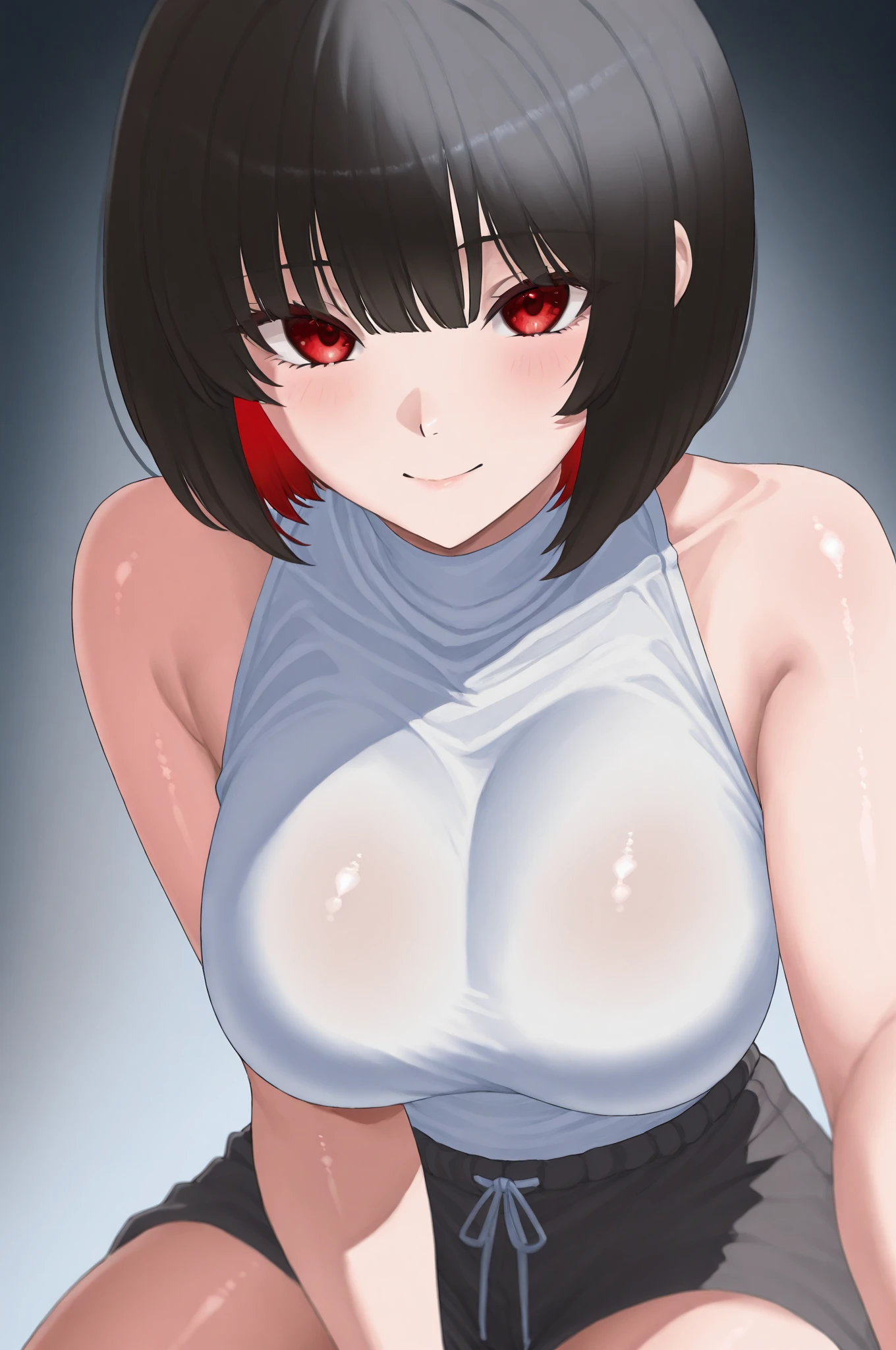 score_9, score_8_up, score_7_up, score_6_up, score_5_up, score_4_up,(Black Hair),(Orange inner color),short hair,(Red eyes),Gentle expression,(((Hair on one eye))),very big breasts,Erect nipples,