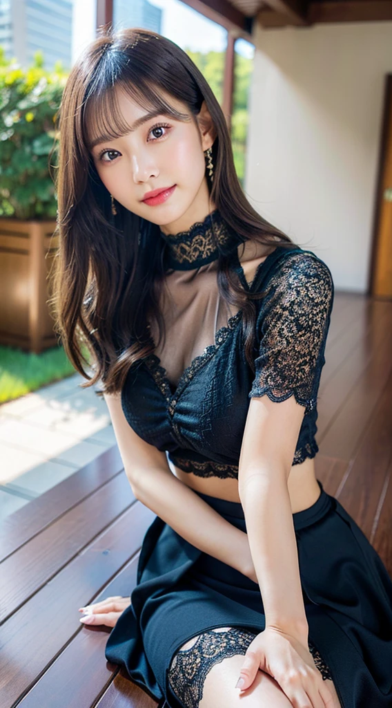 Dark brown hair、Light brown eyes、The Face of Japan、 Lady、I&#39;Iは彼とIが好きです&#39;I&#39;Iは40歳くらいです.、(Intricate details:1.2)、(Which is the top?????:1.4)、 (Ultra-high resolution:1.2)、Ultra-high resolution、(Finely tuned)、(Detailed facial features)、8k resolution、D cup size breasts、Long Hair、masterpiece，highest quality、Street、choker、Voluminous tulle mini skirt、Leaning against the wall、Beautiful legs、Crop top、Landscape、