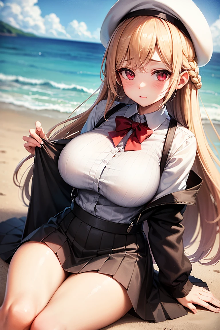 1 girl, detailed blue eyes, lange wimpern, detailed beautiful face, 4k quality, (Long blonde hair:1.4), (arms behind back:1.3), Red rope, blushing, (Big breasts:1.6), erina nakiri, long hair, orange hair, (purple eyes:1.1), hair between eyes, skirt, thighhighs, bow, jacket, pleated skirt, shoes, black thighhighs, zettai ryouiki, plaid, plaid skirt, blazer, 18 jears old, shibari, bondage, standing on a beach, erhobene Augenbrauen, pralle Brüste, Front View of girl, detaillierte nah aufnahmen, shibari