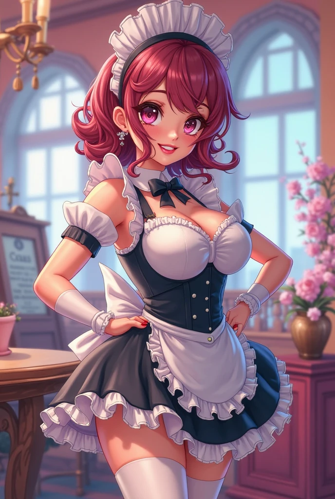 best quality, masterpiece, Auburn hair, sky blue eyes, French maid outfit. looking up, upper body,hair strand,Fair skin,side braids Large chest,. Adorable, mature Woman,detailed big-eyed woman, round face. promenent red lips. Smileing,In the garden, large ass, wearing a cute floral sun dress. flower crown, Flower belt draped around waist. Picture from the side,looking at the scenes, intense colors, Very valuable details, complex details, volumetric lighting, digital art, 8k, trending on Artstation, Clear focus, complex details, highly detail, Greg Rutkowski Big Eyes, high-resolution, Auburn hair. Alison Brie., attractive chest, .Photorealistic. Confidence, self esteem, assertiveness, dominance. wide Amused smile. ecstastic expression.
