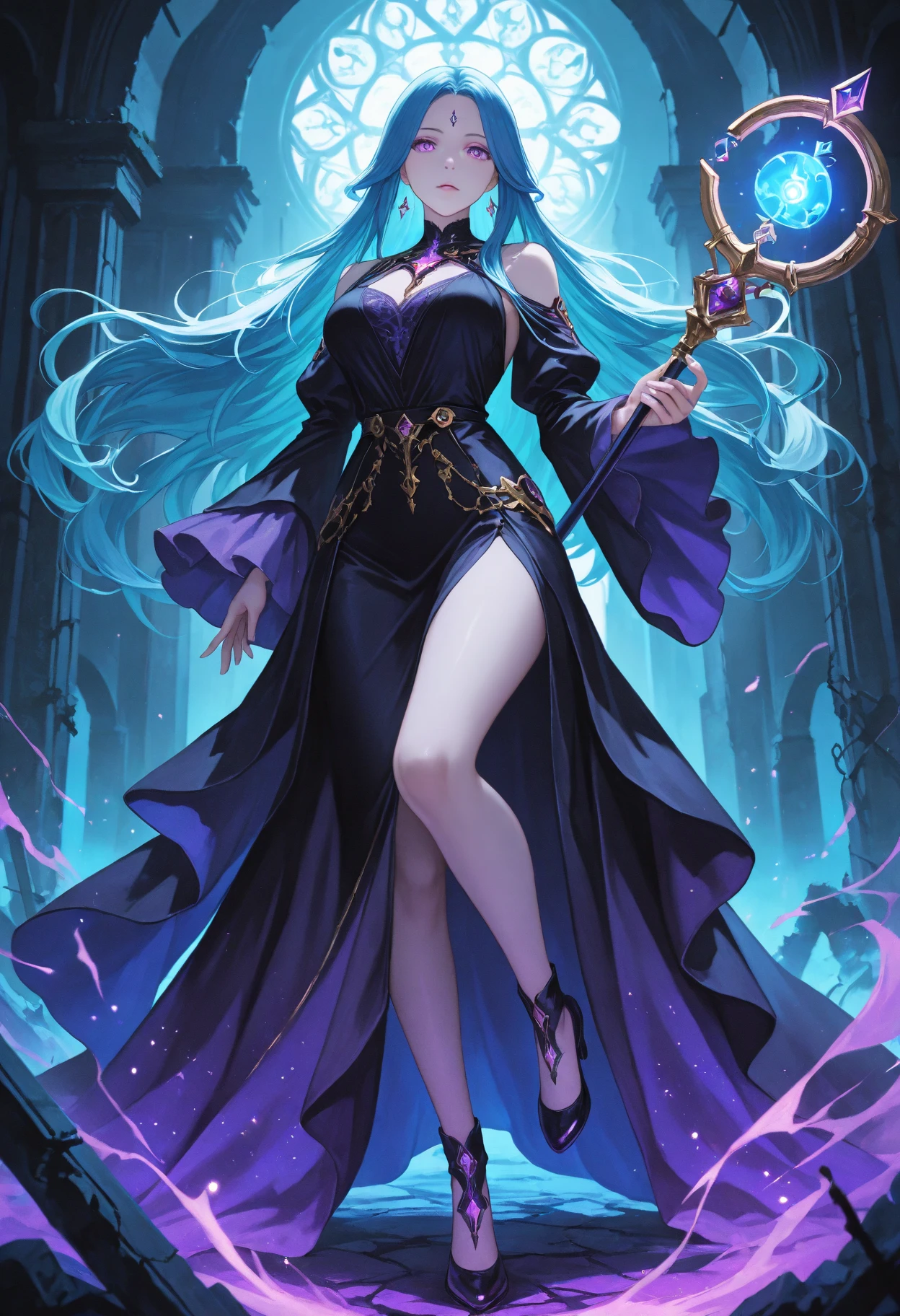detailed face, detailed eyes, detailed hands, elf woman, full body,, huge, Double tail, blue hair, Hoodies, retro gothic, posture, Lovely, face up, high quality, necklace, ring, bracelet, earrings，long legs，looking down