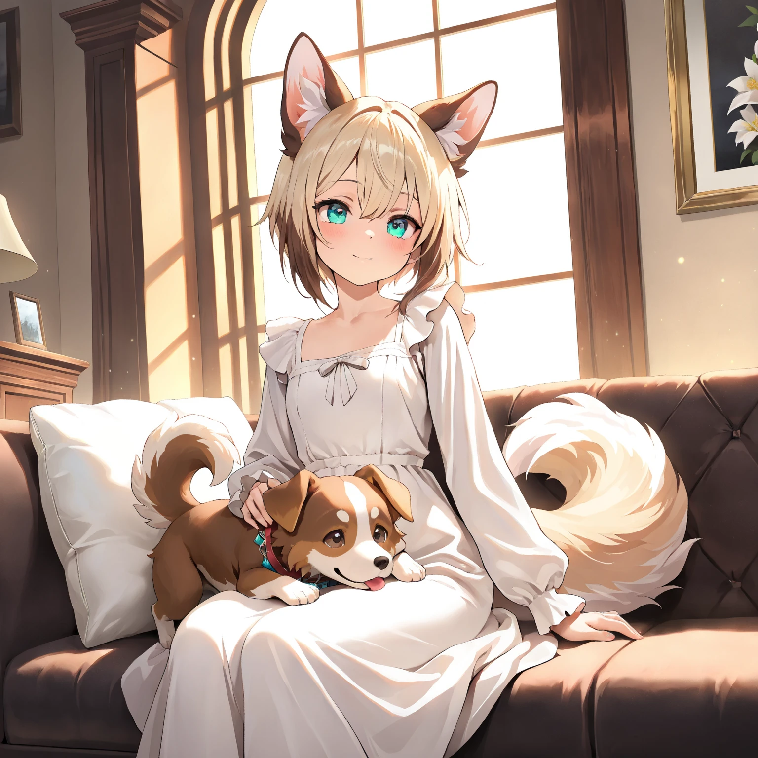 furry, anthro , young female, small breasts, bodyfur too fluffy, <input:people> A female canine beastfolk child BREAK <input:posture> Sitting down, her body slightly curled up BREAK <input:hand shape> Hands are on her lap, clutching a handkerchief BREAK <input:face> Tears are streaming down her cheeks BREAK <input:hair> Short and messy, much like a dog's fur BREAK <input:eyes> Her eyes are big and filled with tears, they look pleading BREAK <input:clothes> She's wearing simple, anime-styled clothing BREAK <input:illustration feeling> A strong sense of sadness with a hint of hope BREAK <input:items> A handkerchief, possibly a dimly lit lamp if it fits the scene BREAK <input:art effects> Anime style with a focus on the character's expression BREAK <input:atmosphere> Dark but not completely black, akin to twilight BREAK <input:background> Simple and blurry, putting the focus on the character BREAK <input:perspective> Eye level, medium shot to encompass the whole character BREAK <input:illustration quality> High-quality, with emphasis on the character's emotions