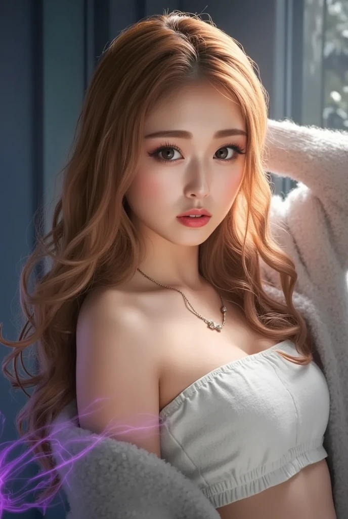A beautiful girl, with brown-white hair, with curly tips, with two bows on each side of her hair, all her hair brown-white, with a star clip in her brown-white hair, light-colored eyes, beautiful eyes, teary eyes, a beautiful and perky nose, a teary nose, pretty lips, pink lips, heart-shaped and cupid's bow lips, beautiful pale skin, white skin, with freckles and moles all over her face, soft pink blush on her cheeks, natural pink blush, soft and pink makeup, a cruel gothic girl, a beautiful neck, a marked neck, furrowing her brow, a tender gaze, wearing a kiss necklace, a beautiful kiss necklace, resembling Yumeko Jabami, wearing a shirt, a Crochet YK2, with a YK2-style brown miniskirt, while wearing a jacket with teddy bear prints, with a bare, slim, and beautiful abdomen, (large breasts, soft breasts, beautiful breasts), while cosplaying as the character Yumeko Jabami from the anime Kakegurui, looking at the camera, taking a nice selfie.