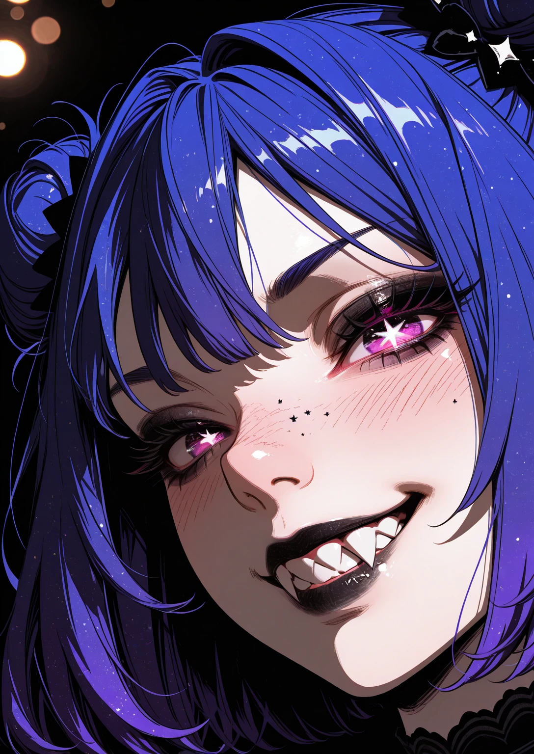 1boy, a man, green eyes, smile, (purple hair:1.2), despair, haunting, collarbone, thorns,hair between eyes, yoshitaka amano character design, style by NTY, morbid, 独奏 (gesugao), gesugao facial expression, sadistic smile, big ,to evil smirk,latex hands,latex fingers,too evil huge laugh,sadistic smile,deep shaded face,,smile worst,worst ridecule,too evil moukery,,laugh full of malice,elbow gloves,Human Ear,