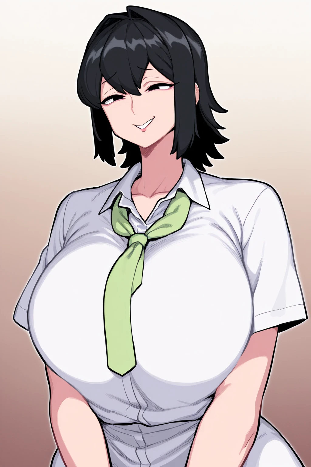 takizawa, 1woman, sexy woman, mature, milf, huge breasts, large breasts, curvy, voluptuous, completely nude, nude, pussy, nipples, black hair, brown eyes, hair bun, earrings, sweating, shiny skin, smile, standing, office, indoors