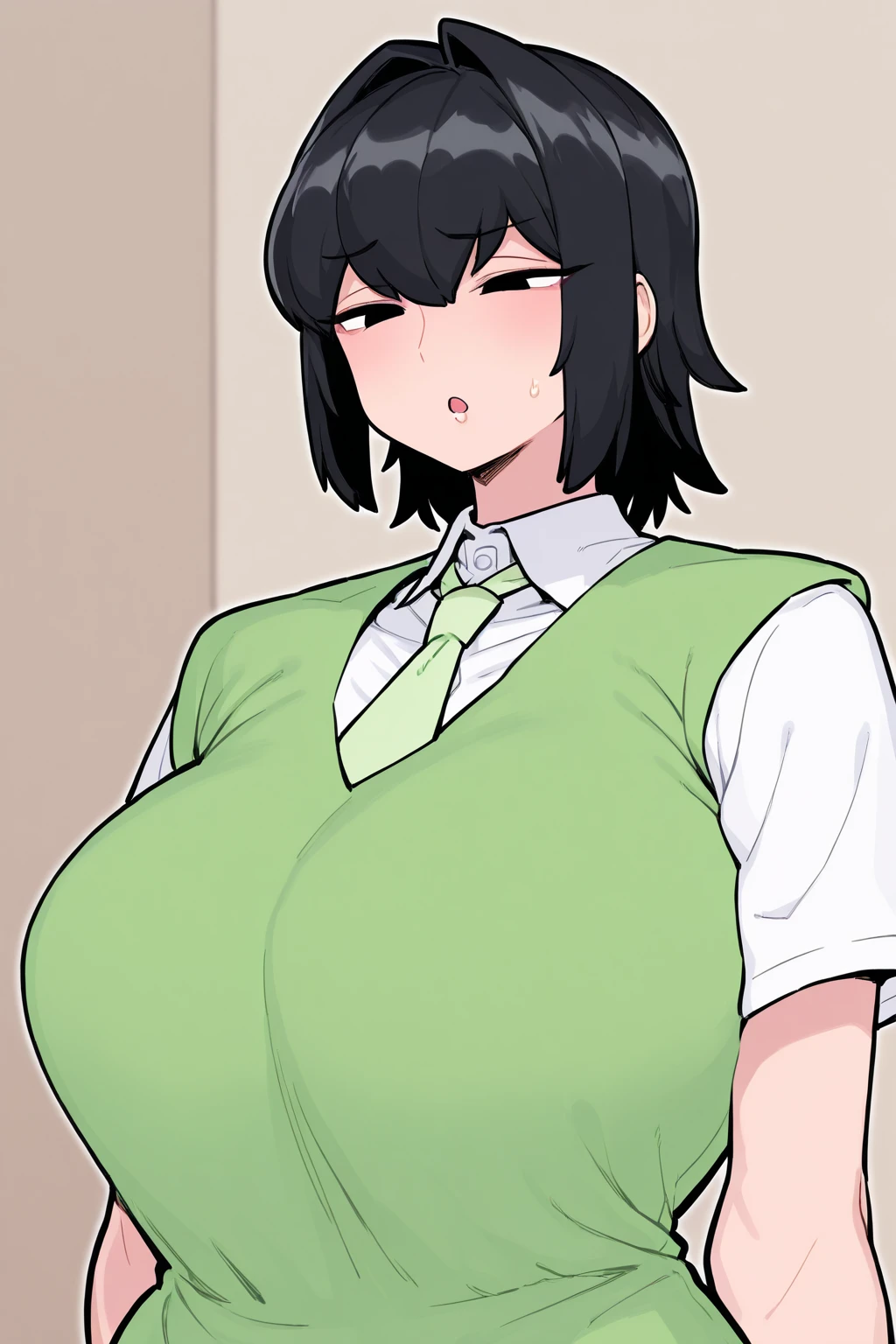 ((highres)), Masterpiece, high quality, best quality, beautiful, perfect lighting, detailed face, ultra cute face, ((1girl)), ((solo)), short black hair, hair over one eye, green eyes, pale skin, ((blush)), shy, arms behind back, (black tank top), (short plaid pleated skirt), thigh highs, chocker, large breasts, (wide hips), (thick thighs), chubby, standing in a classroom,