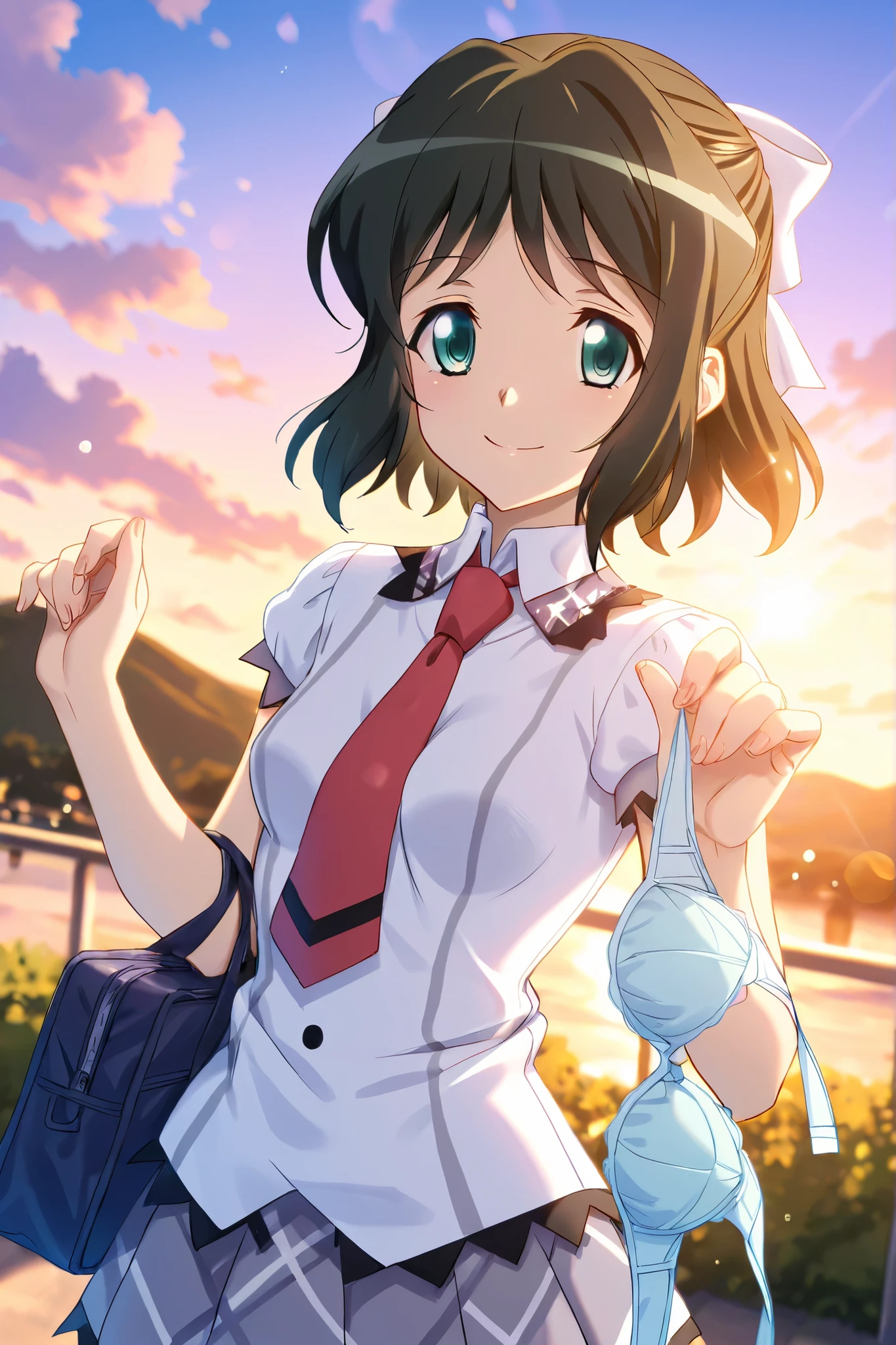 loose tie、Chest Valley、 symphogear, kohinata miku, Smiling、Focus on face、best smiling、cute、Lens Flare、Shining Contours、Japanese school route background、outdoor、((She is holding her removed bra in her hands))、school_uniform, shirt, short_sleeves, pleated_skirt, ,loose tie、Chest Valley、small breasts
