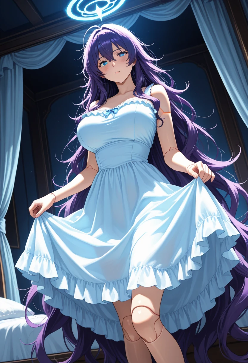 ((I want a woman alone, curvy and beautiful body, light blue eyes and purple wavy hair, sharp look, smile on her face and wearing a beautiful dress))